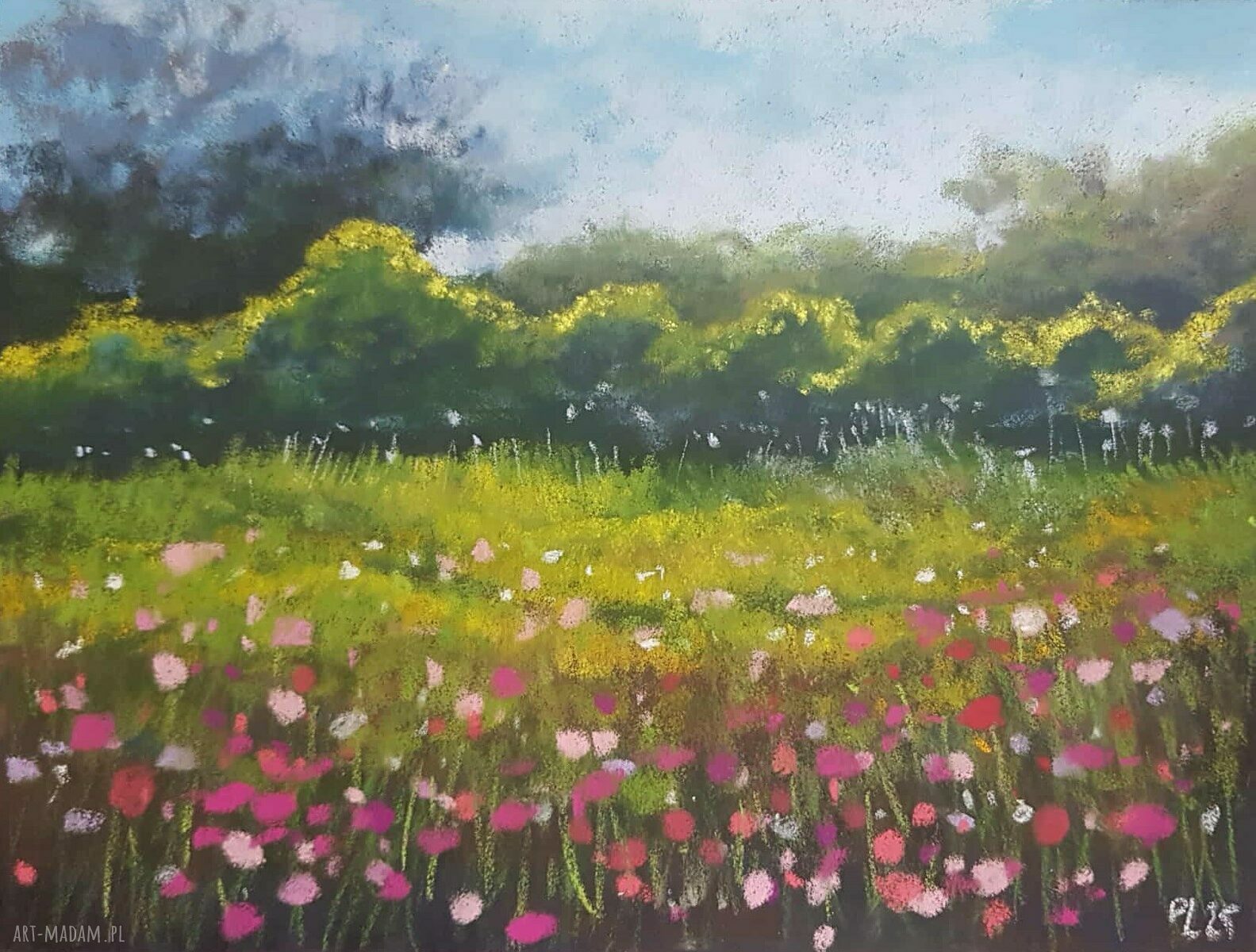 Wrześniowe słońce - pastelowa praca 18x24 cm (kwiaty i łąka)