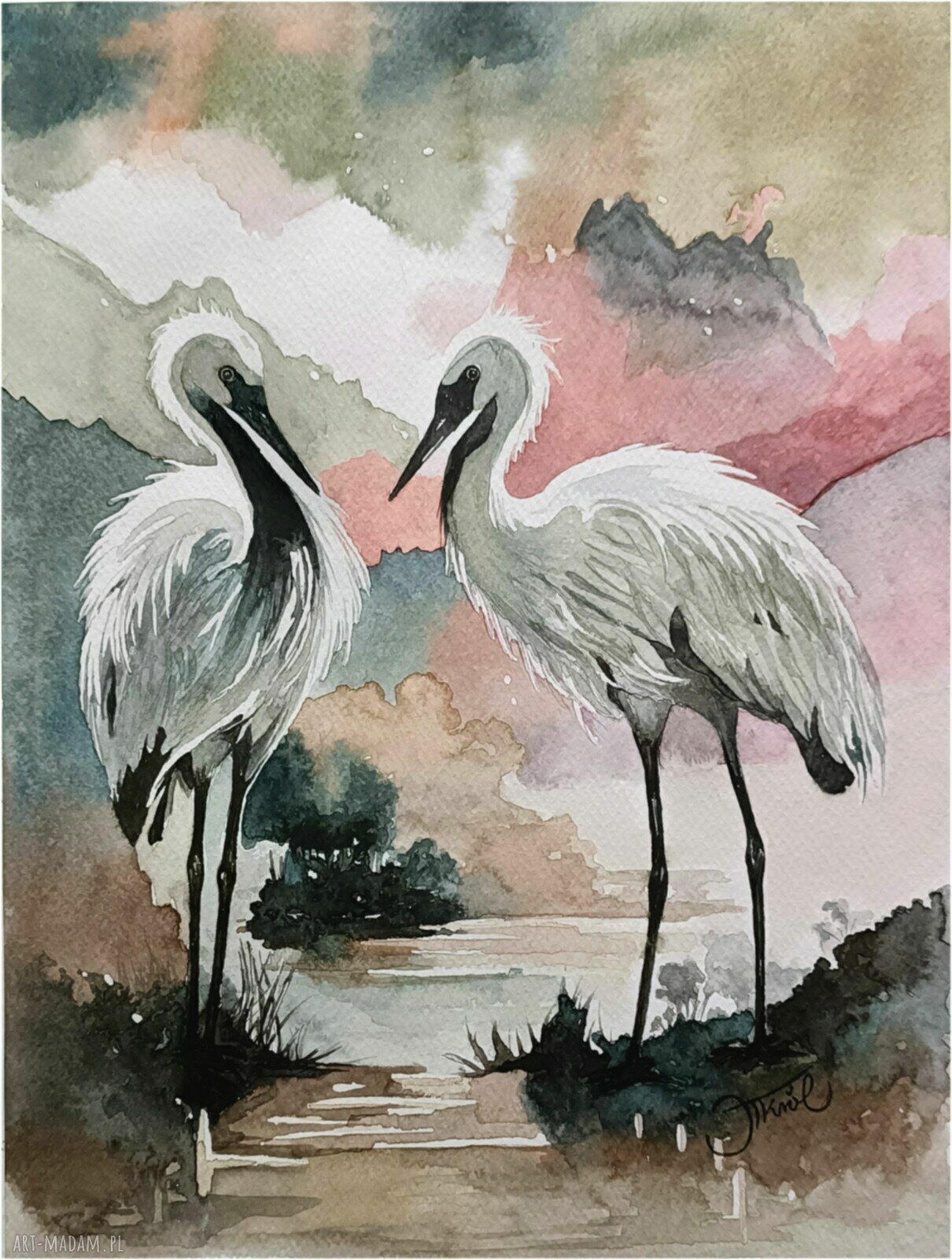 Wspólna chwila - oryginalna akwarela z żurawiami 24x32 cm