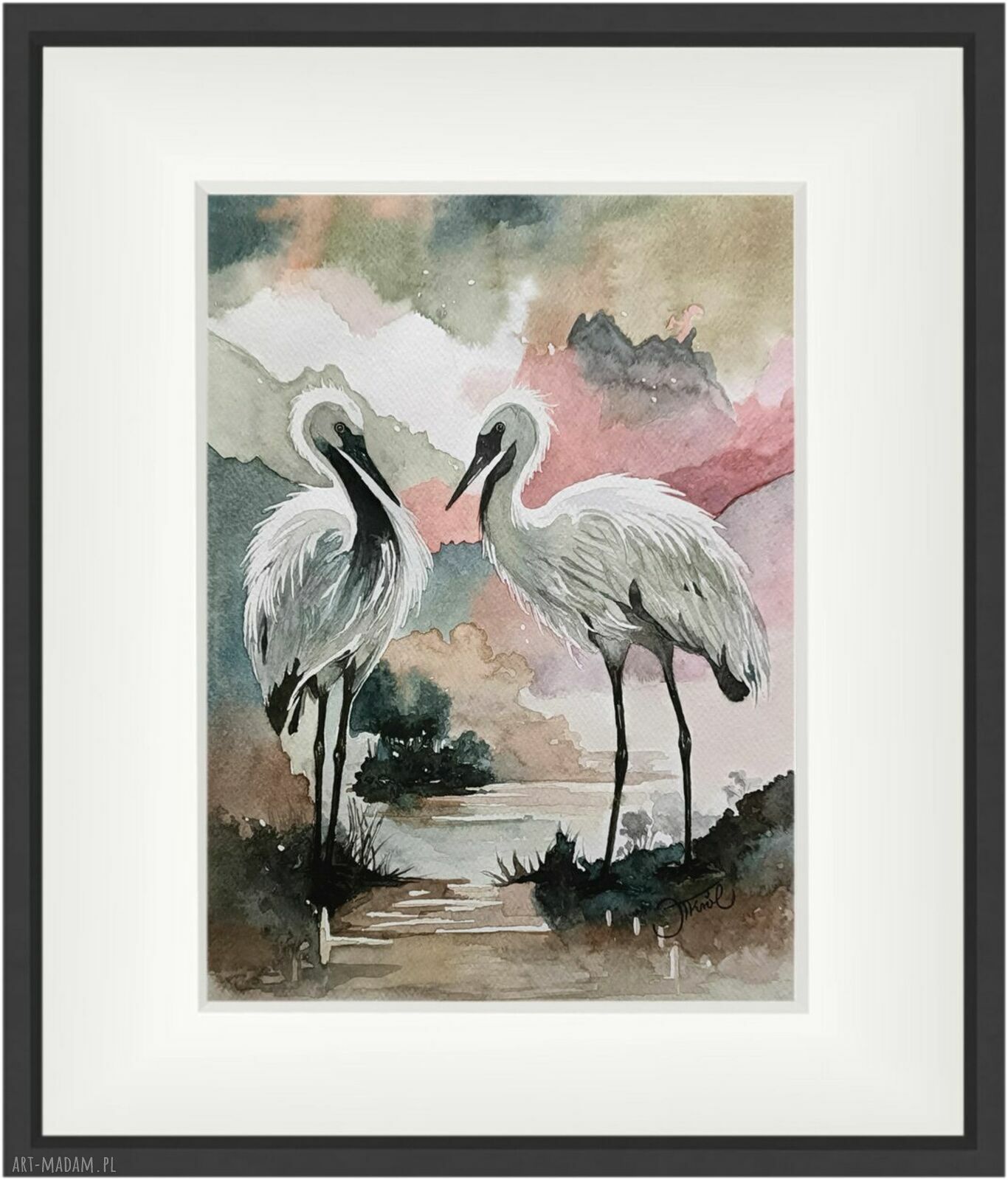 Wspólna chwila - oryginalna akwarela z żurawiami 24x32 cm