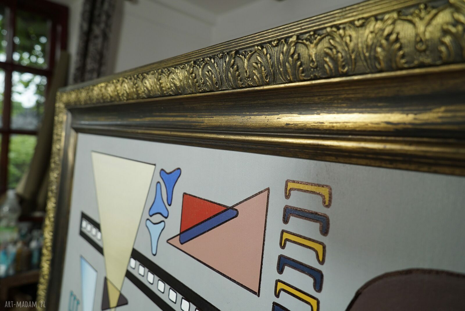 Wspominając Wassilego 2 - obraz z akrylu na starej sklejce, geometryczna abstrakcja w ramie