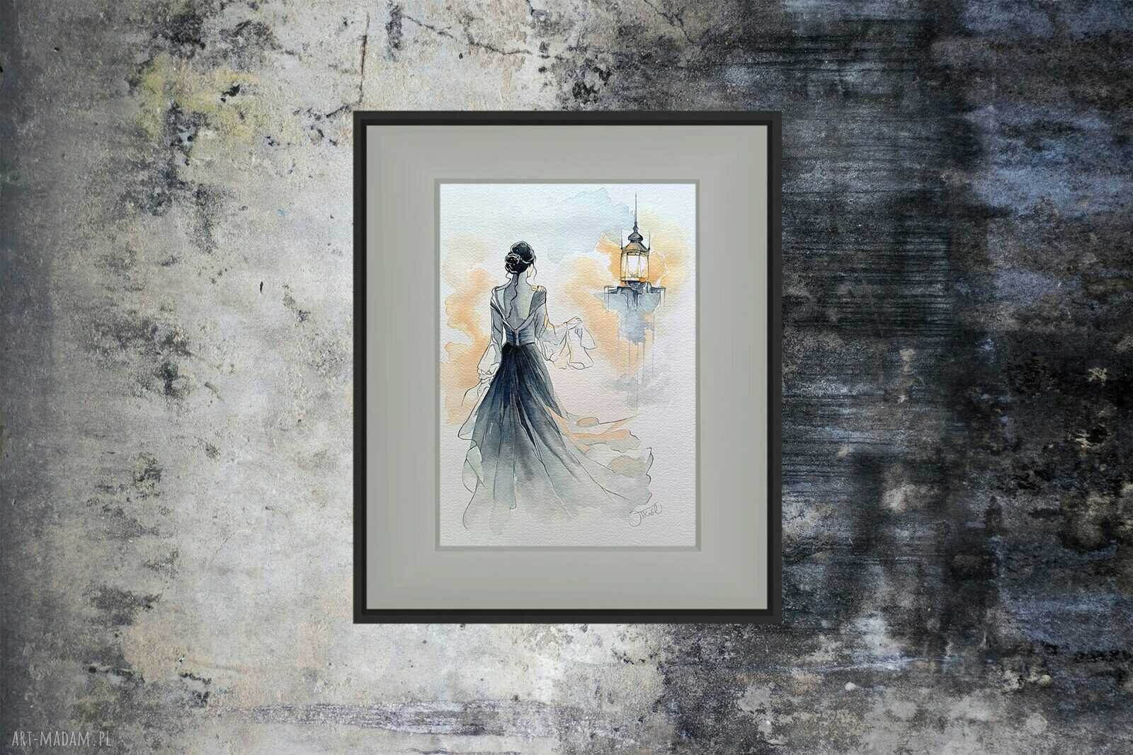 Akwarela Wspomnienia w blasku lampy - oryginał 23 x 31 cm