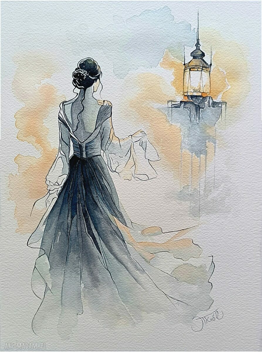 Akwarela Wspomnienia w blasku lampy - oryginał 23 x 31 cm