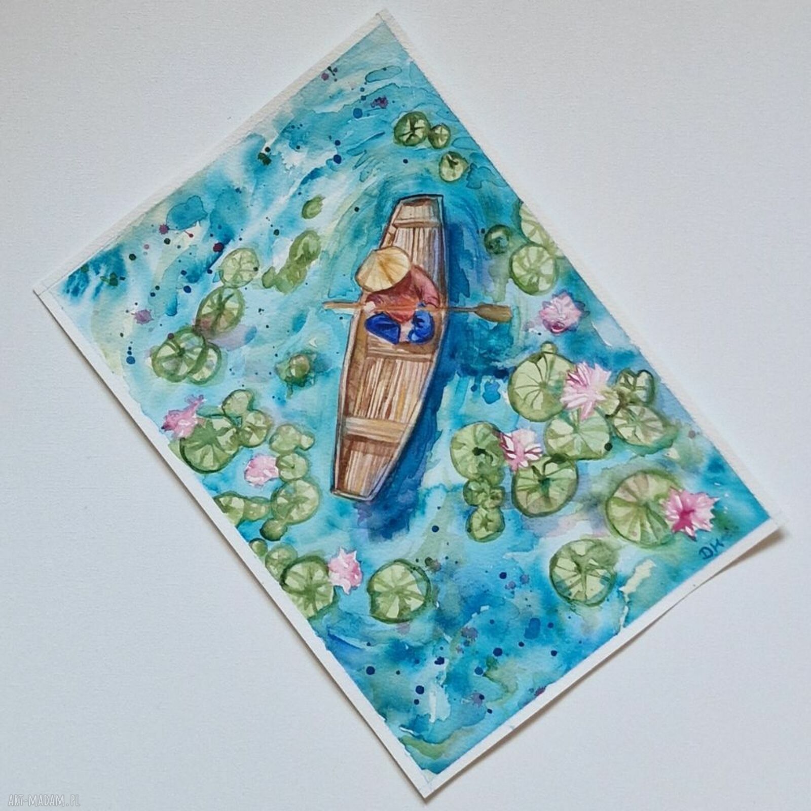 Wśród nenufarów - oryginalna akwarela z łódką (A4)