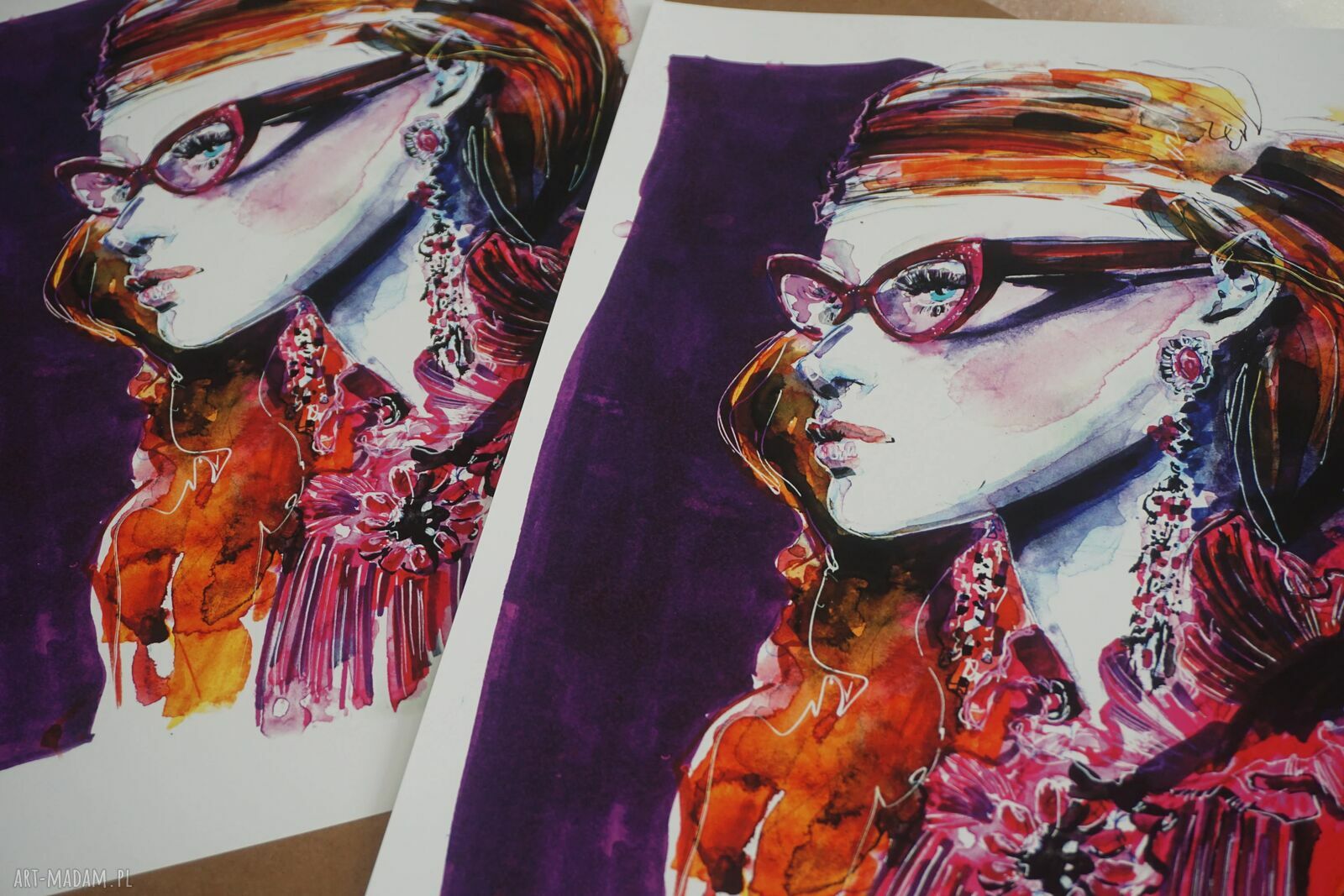 Wydruk artystyczny A3 Portret Fashion: Kobieta w okularach - ilustracja modowa 30x42 cm