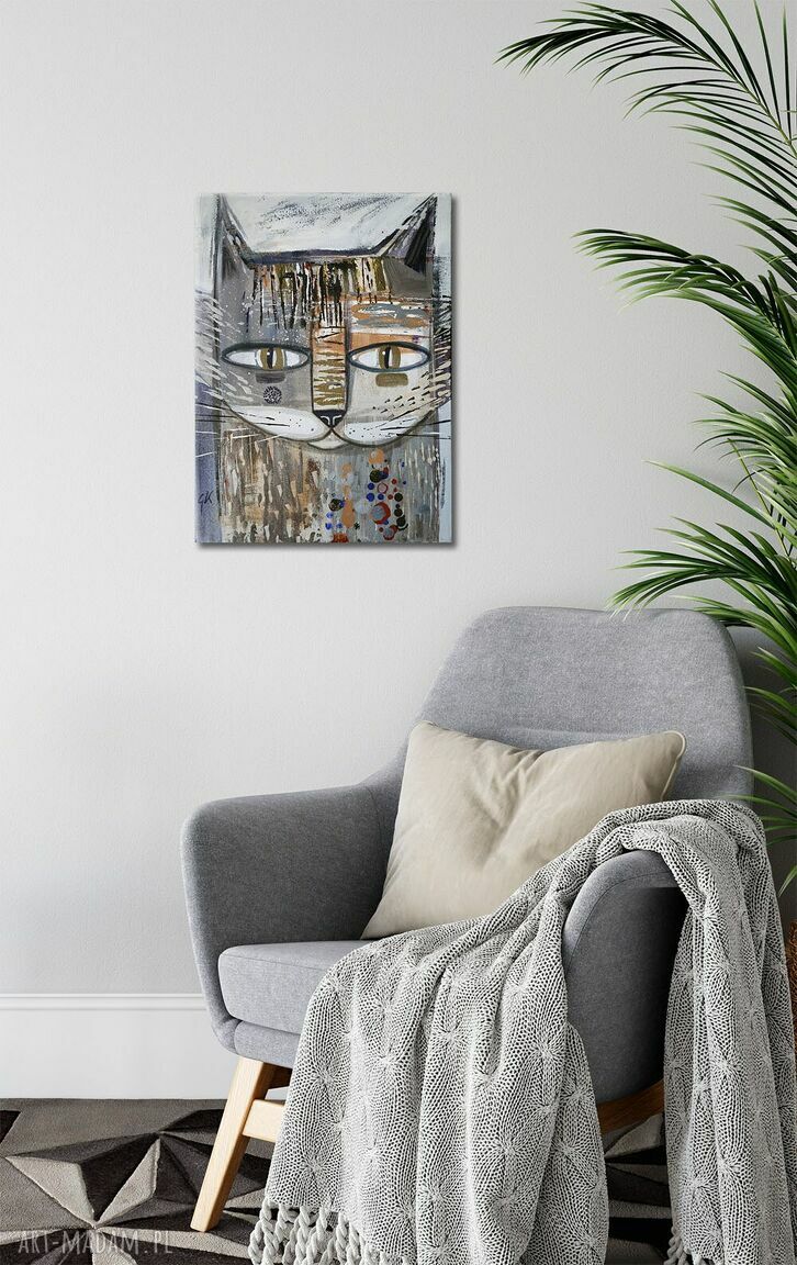 Obraz na płótnie 50x70 cm z szarym kotem - gotowy do zawieszenia