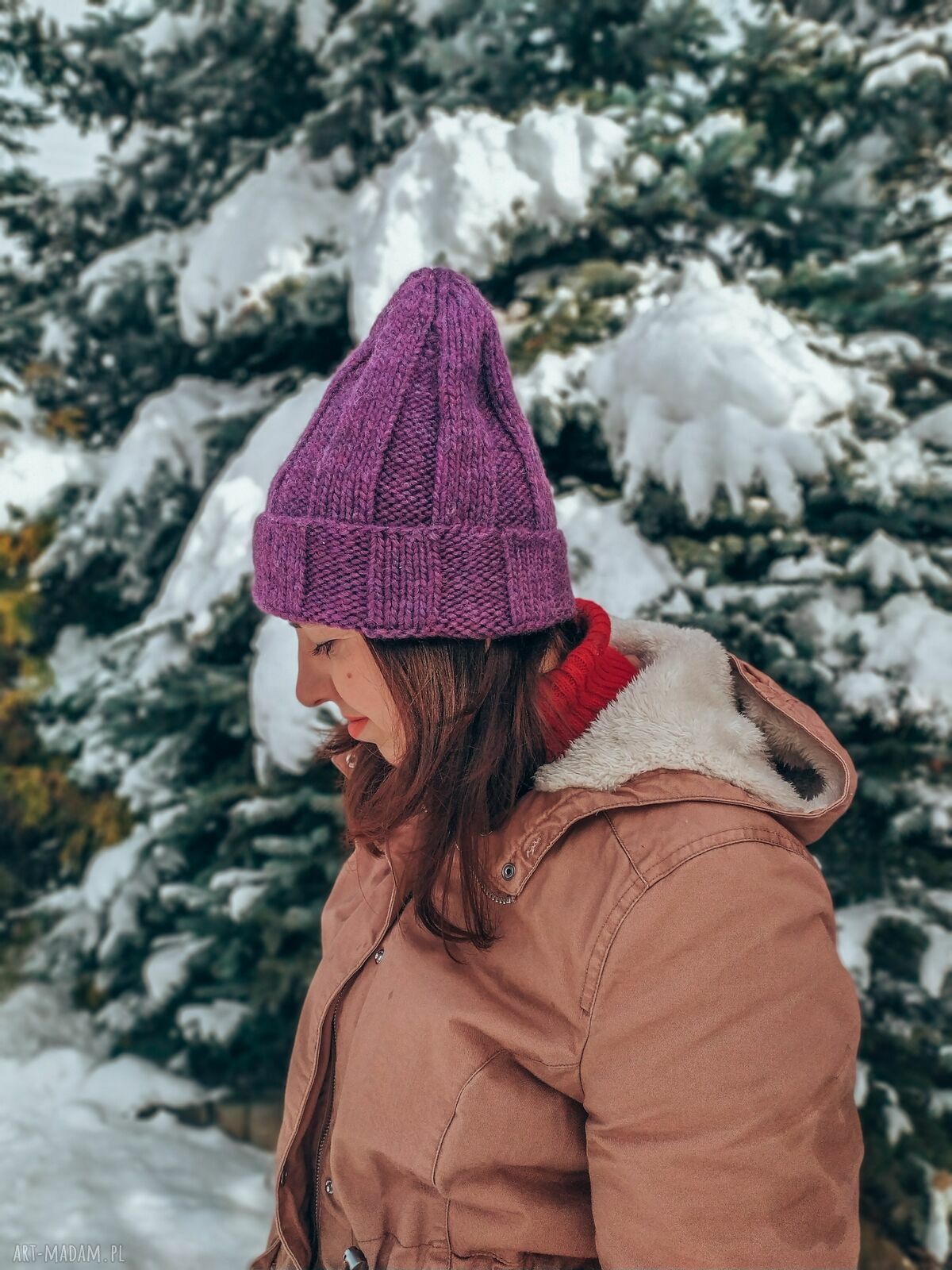 Wygodna fioletowa czapka wełniana beanie Krasnal Lucky Hat - handmade na zimę