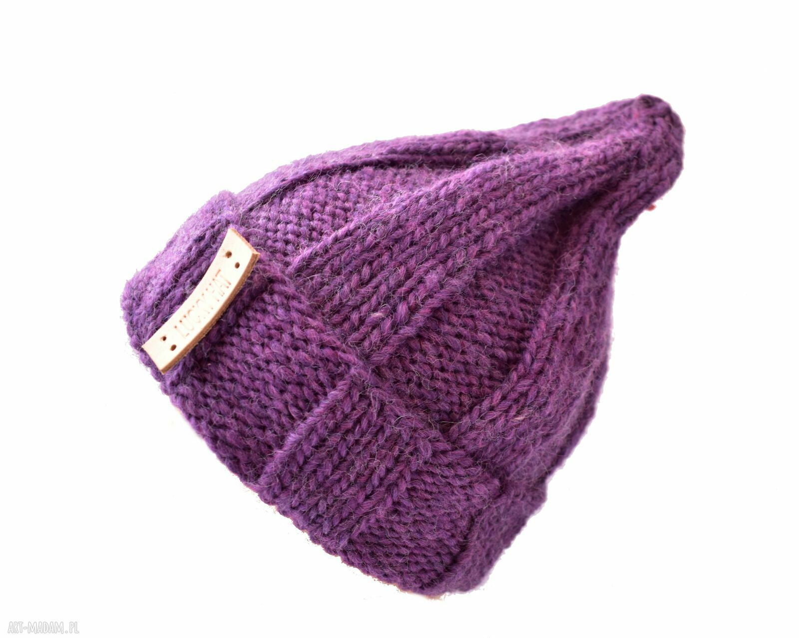 Wygodna fioletowa czapka wełniana beanie Krasnal Lucky Hat - handmade na zimę