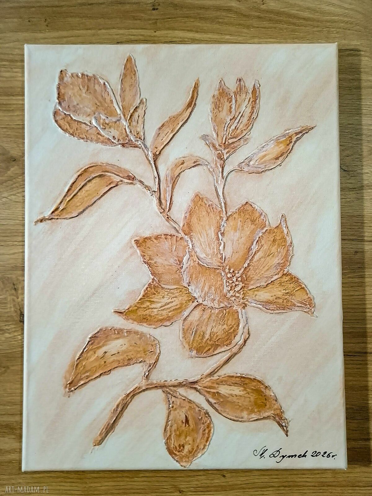 Obraz strukturalny 3D z kwiatem magnolii - surowa elegancja