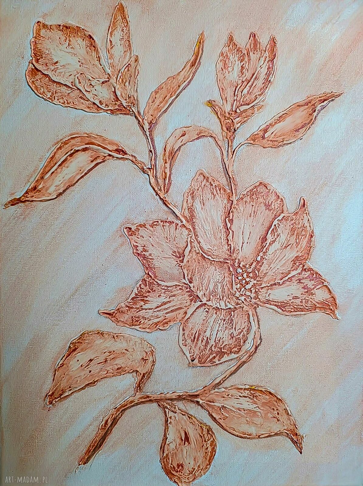 Obraz strukturalny 3D Magnolie „Ciepło i harmonia” 40 x 30 cm - rękodzieło