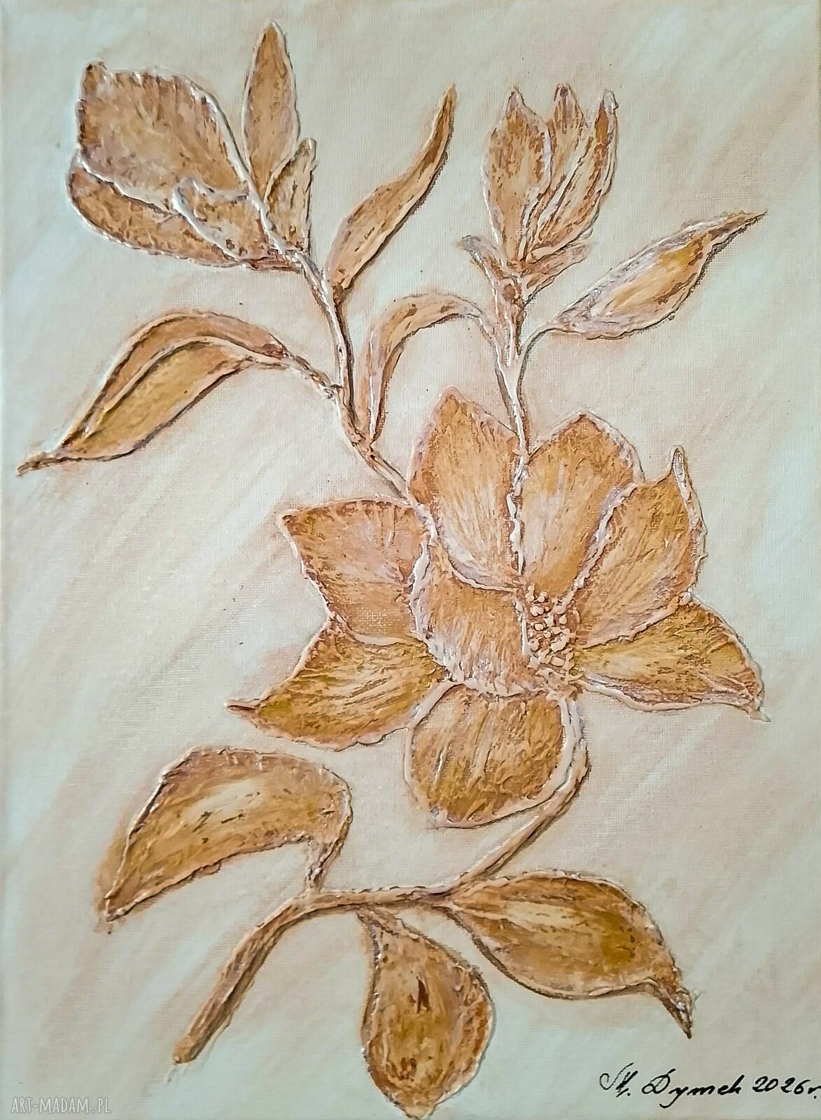Obraz strukturalny 3D z kwiatem magnolii - surowa elegancja