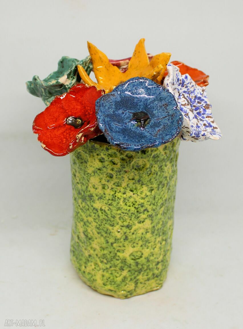 Duży flower box z kwiatami ceramicznymi i wazonem handmade - zestaw 7 szt.