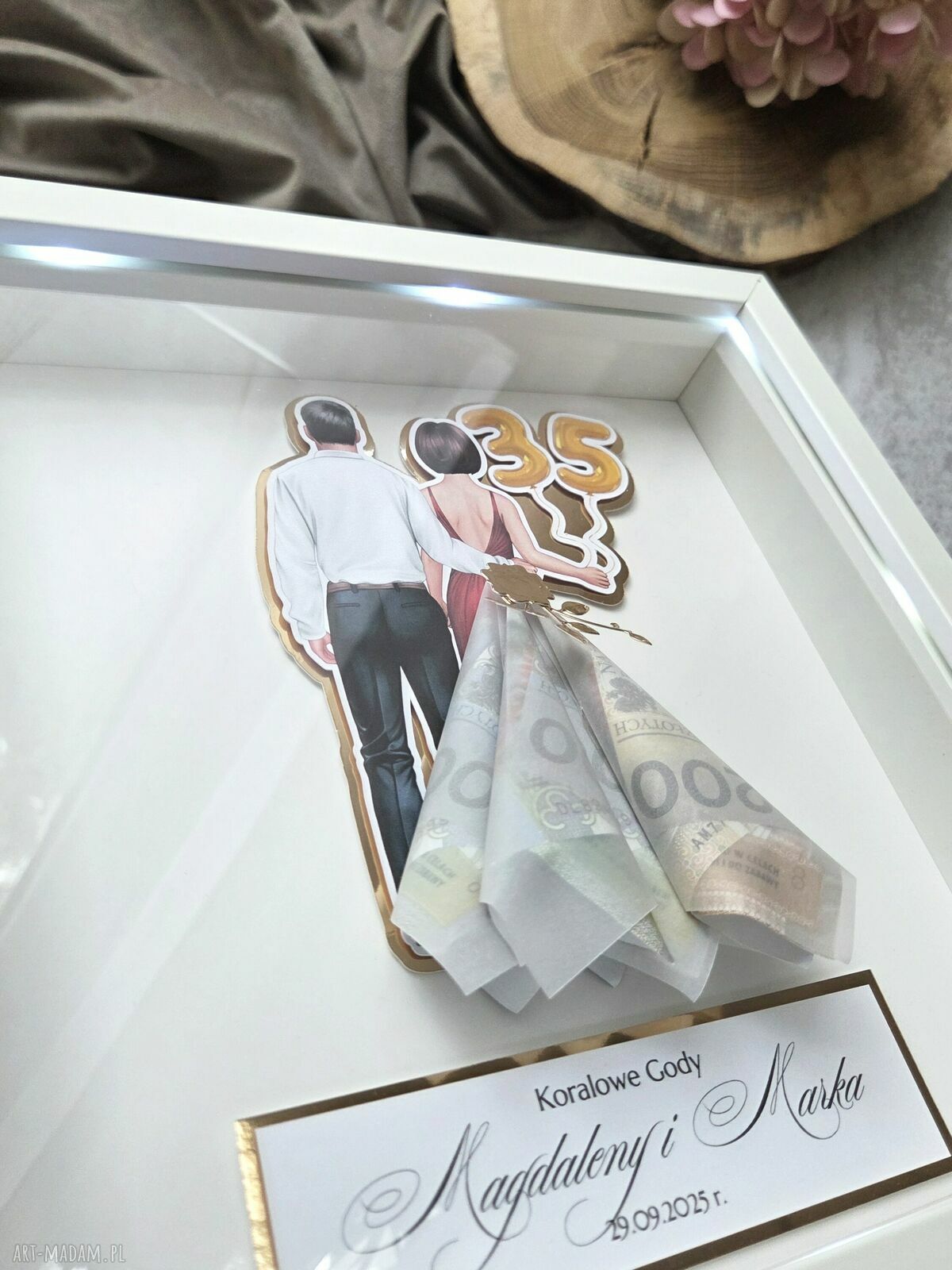 Personalizowana ramka 3D na rocznicę ślubu z miejscem na banknoty