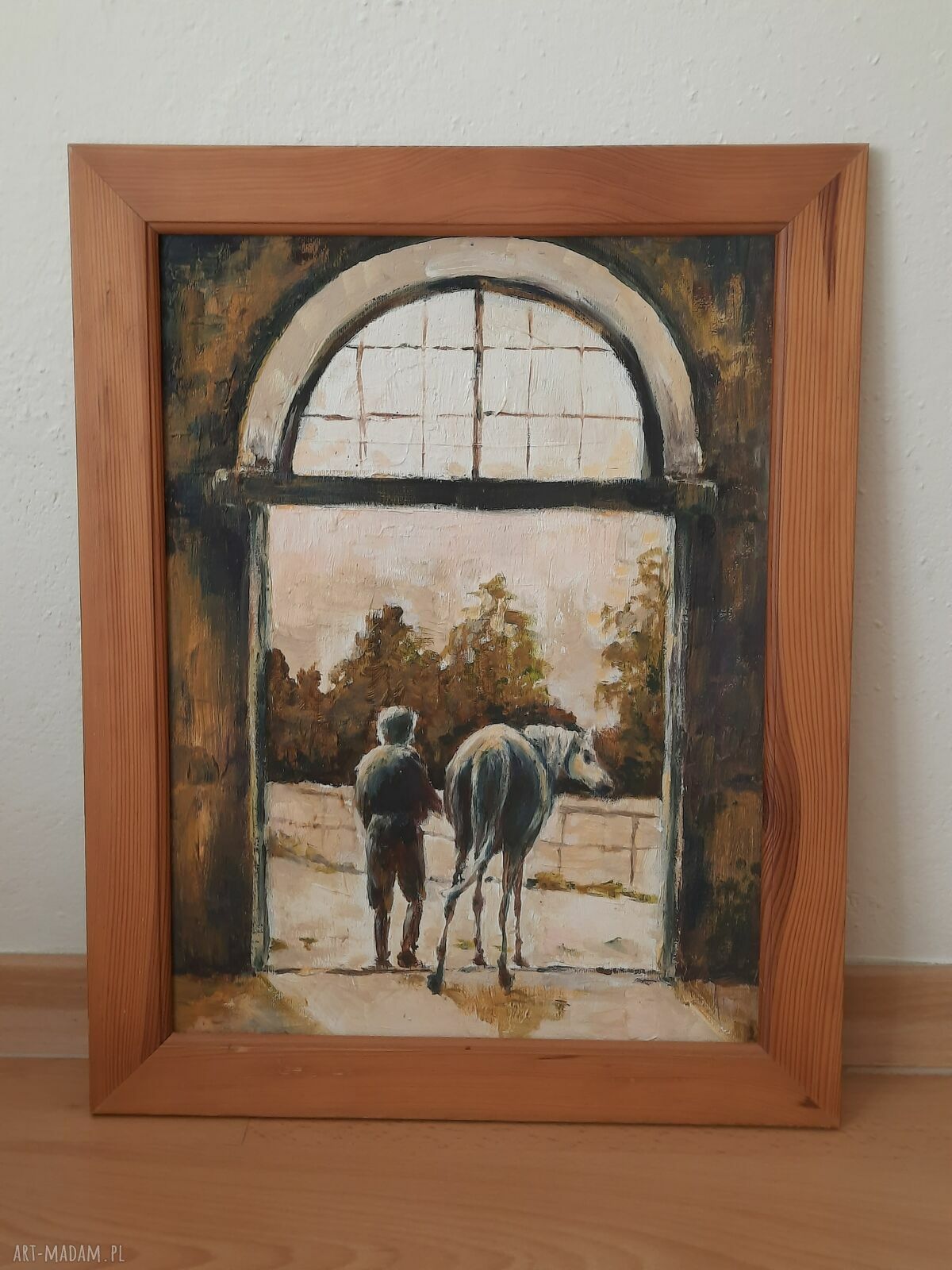 Wyjście na padok - oryginalny obraz olejny A3 w ramie