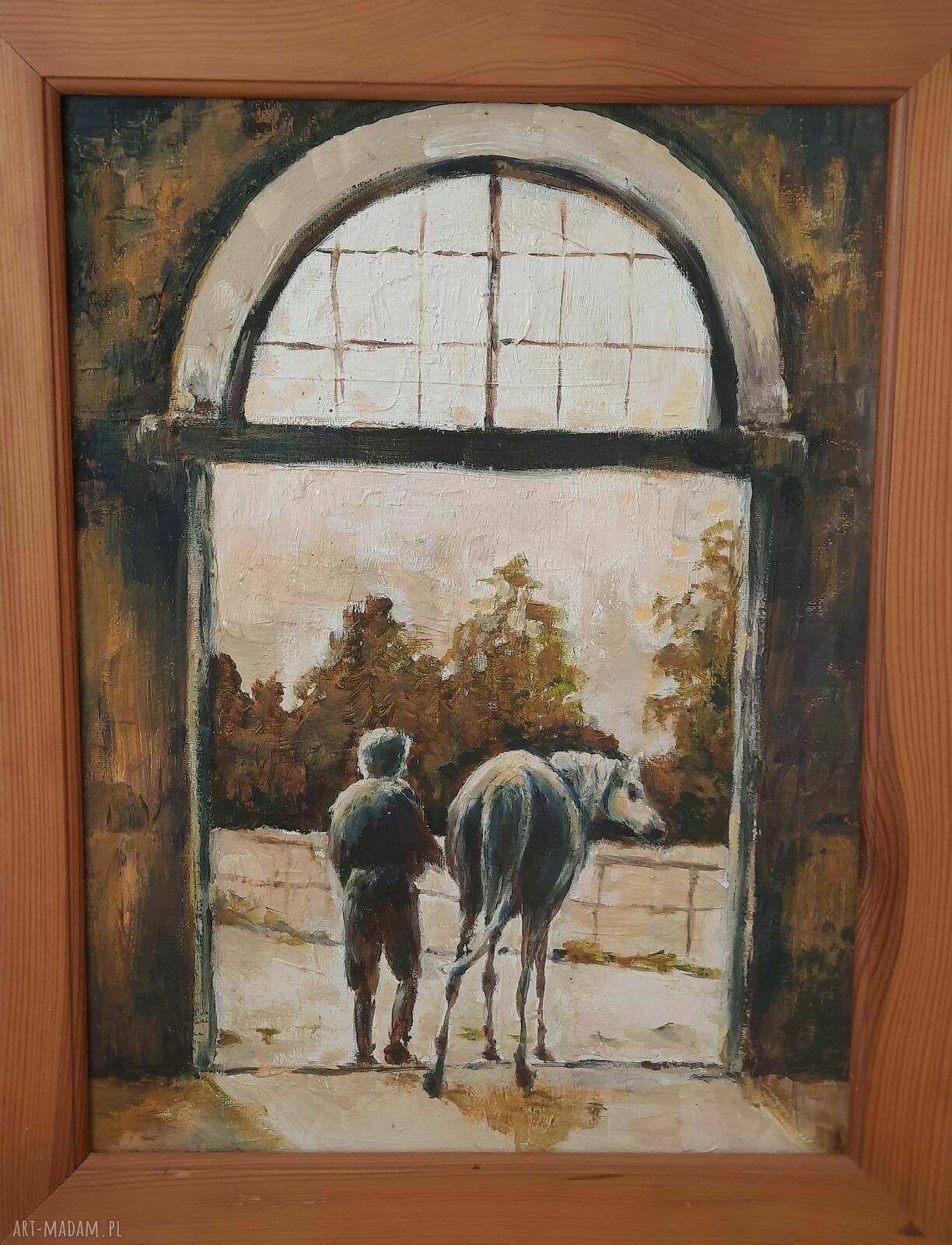 Wyjście na padok - oryginalny obraz olejny A3 w ramie