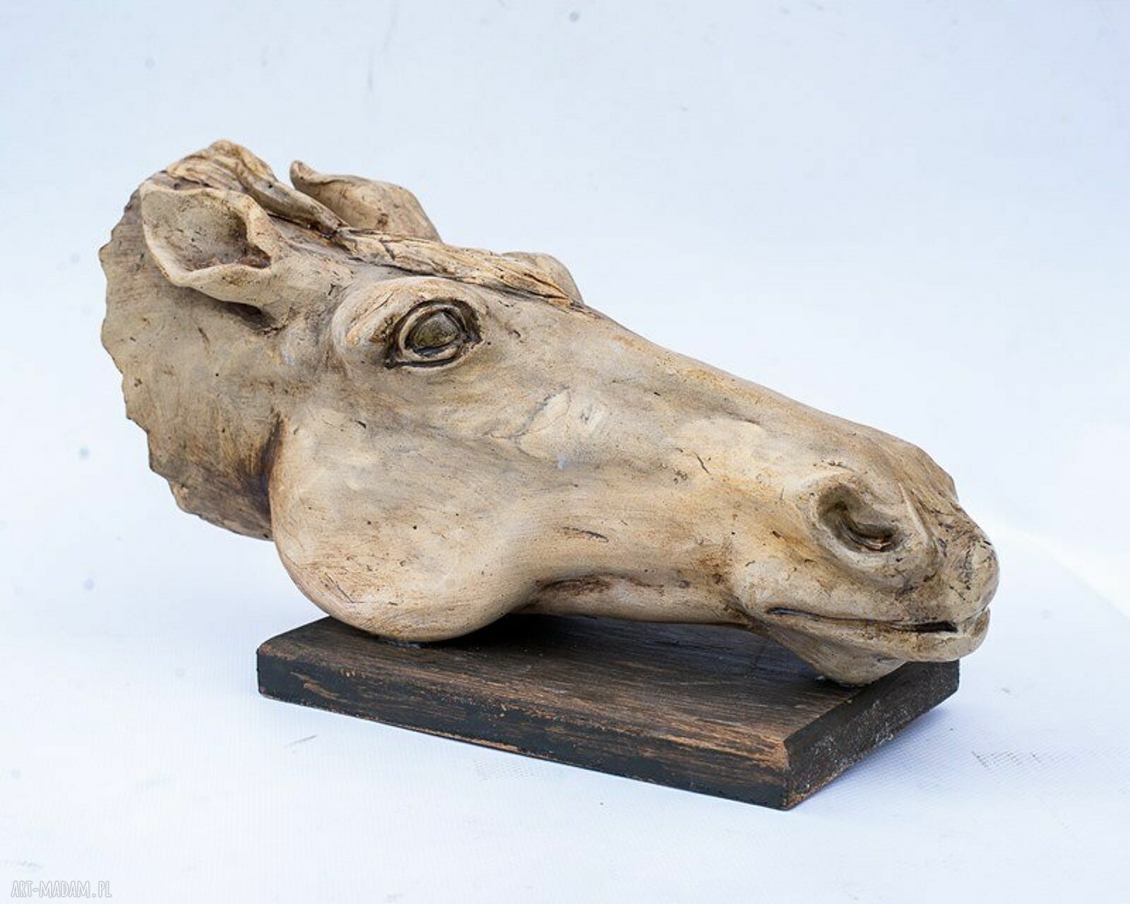 Ręcznie wykonana ceramiczna rzeźba głowy konia na drewnianej podstawie