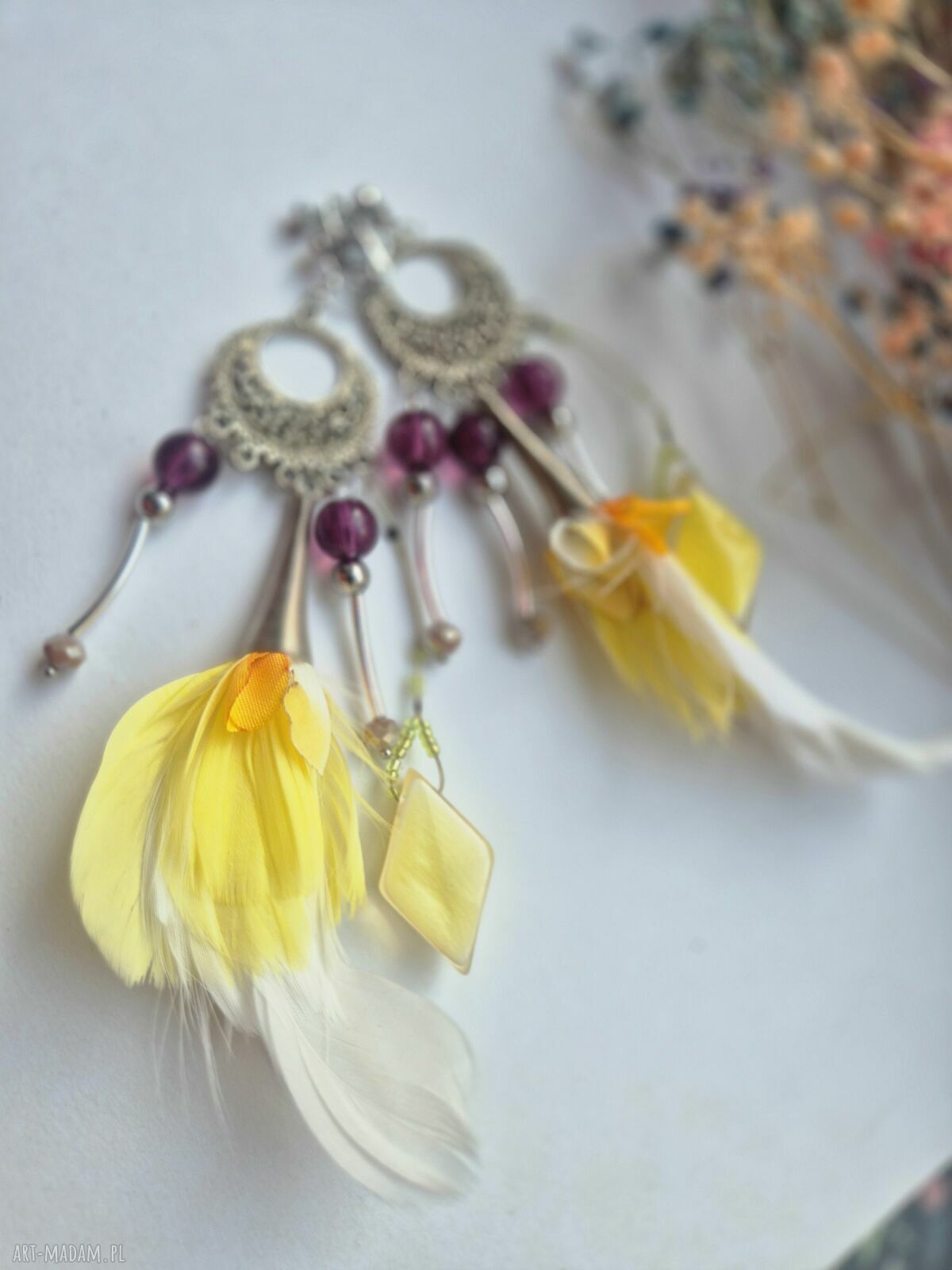 Klipsy handmade w pojedynczym egzemplarzu - duże i lekkie pióra boho etno