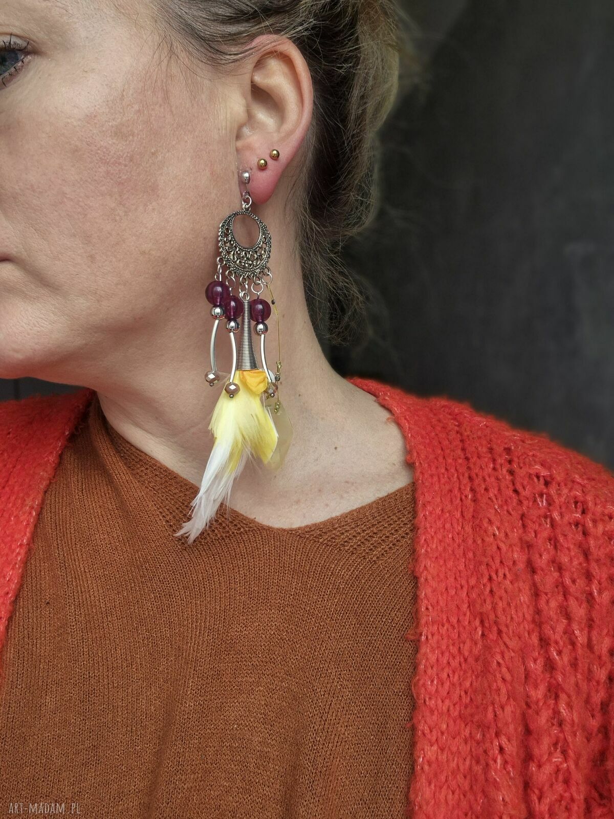 Klipsy handmade w pojedynczym egzemplarzu - duże i lekkie pióra boho etno