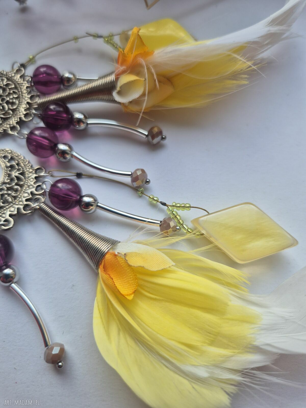 Klipsy handmade w pojedynczym egzemplarzu - duże i lekkie pióra boho etno