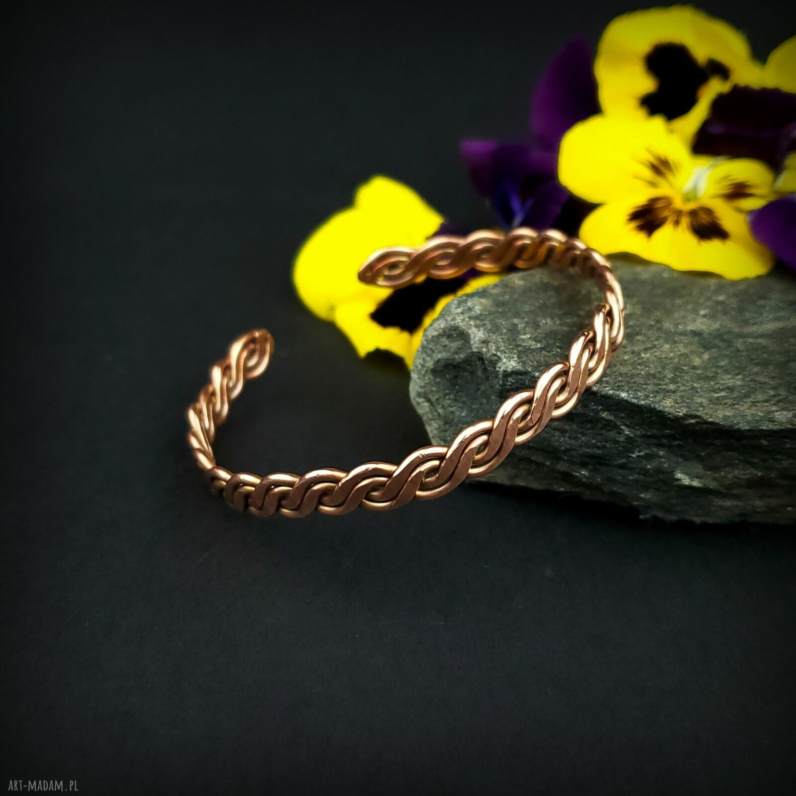 Miedziana wyplatana bransoletka mankietowa cuff - handmade wire wrapping