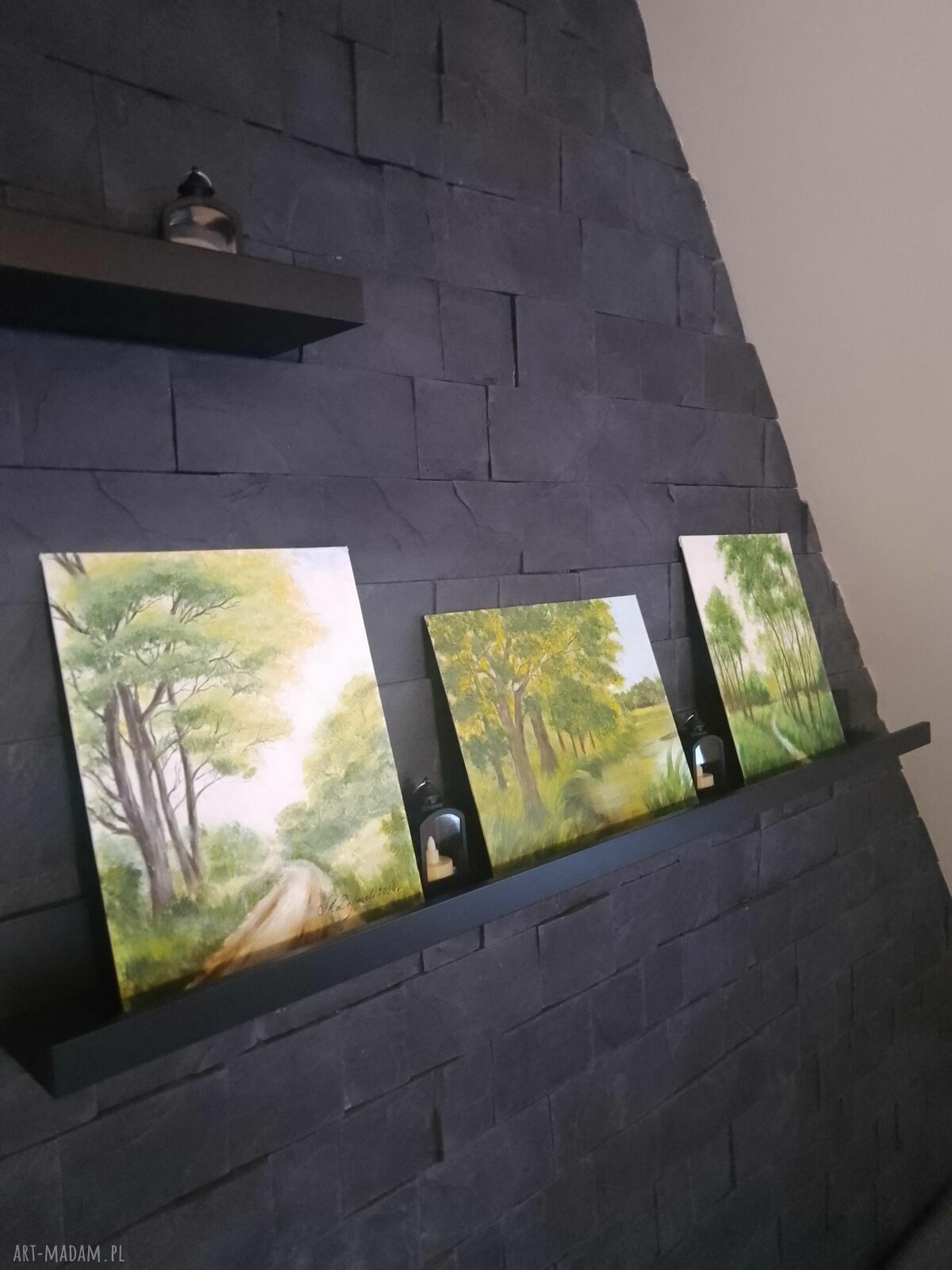 Zestaw 3 ręcznie malowanych obrazów akrylowych „Leśne ścieżki” - pejzaż do salonu, sypialni i biura