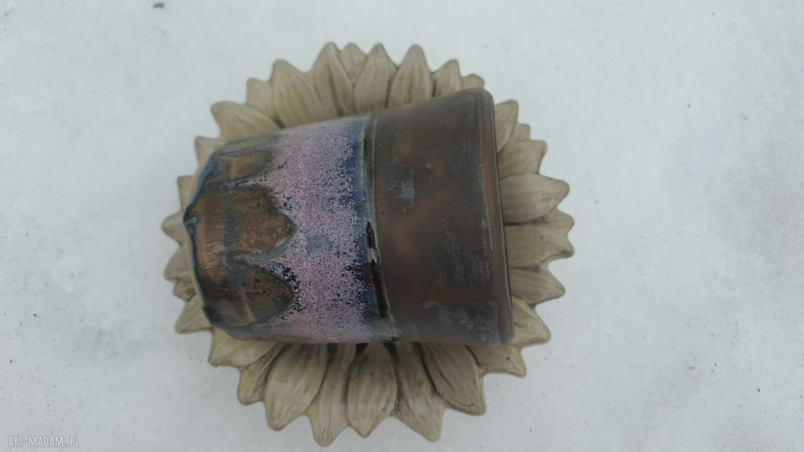 Wysoka czarka ceramiczna 300 ml na talerzyku w kształcie słonecznika