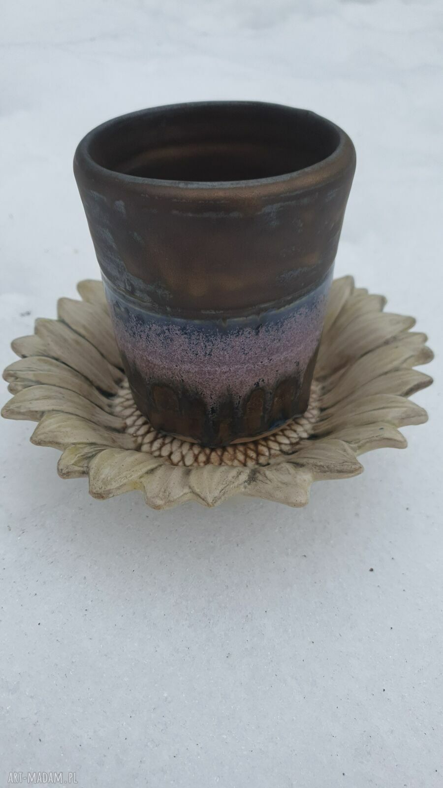 Wysoka czarka ceramiczna 300 ml na talerzyku w kształcie słonecznika