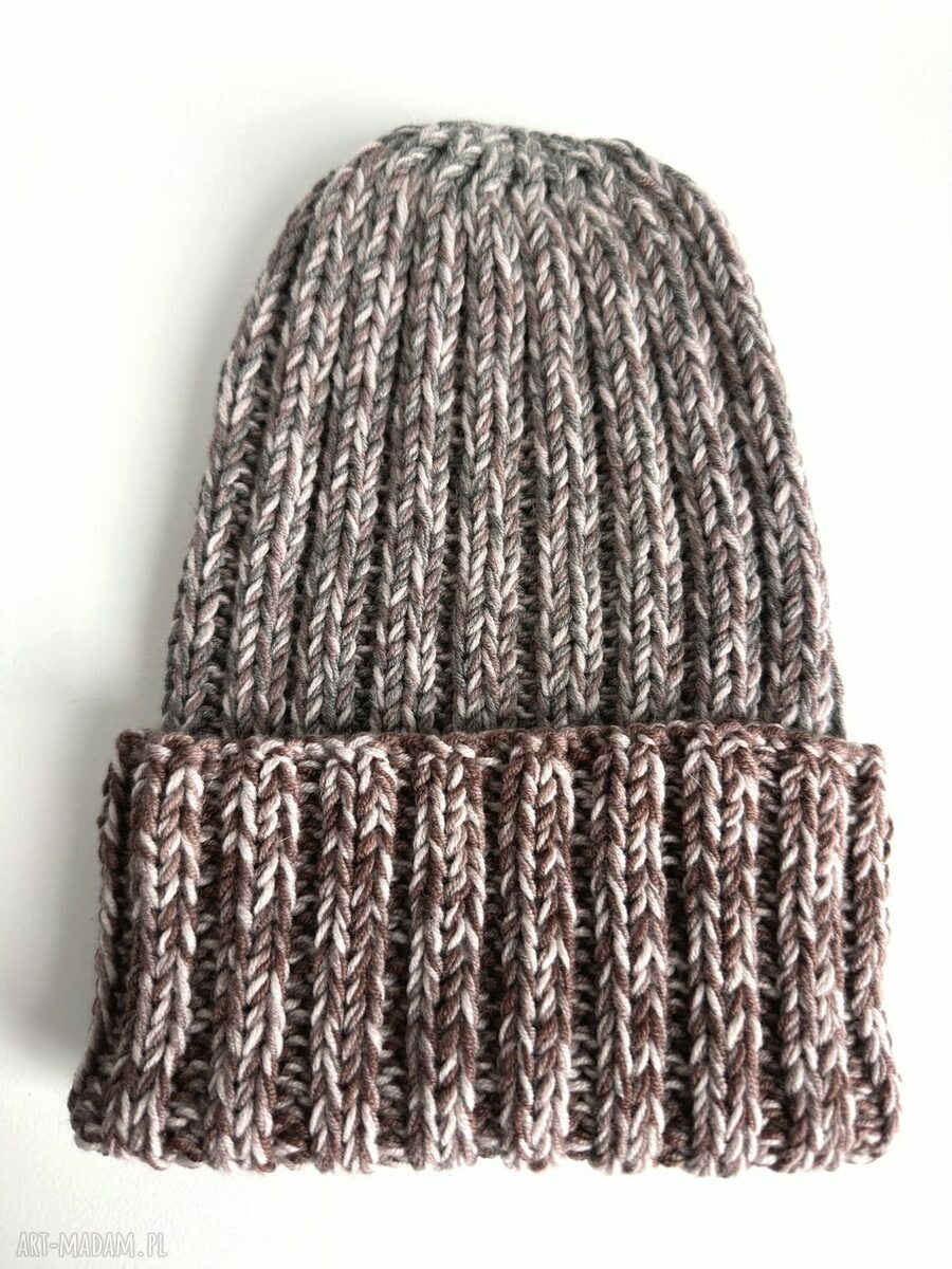 Wywijana czapka merino HELLI BIG 100% Baby Merino - brąz i szarość, ręcznie robiona (zero waste)