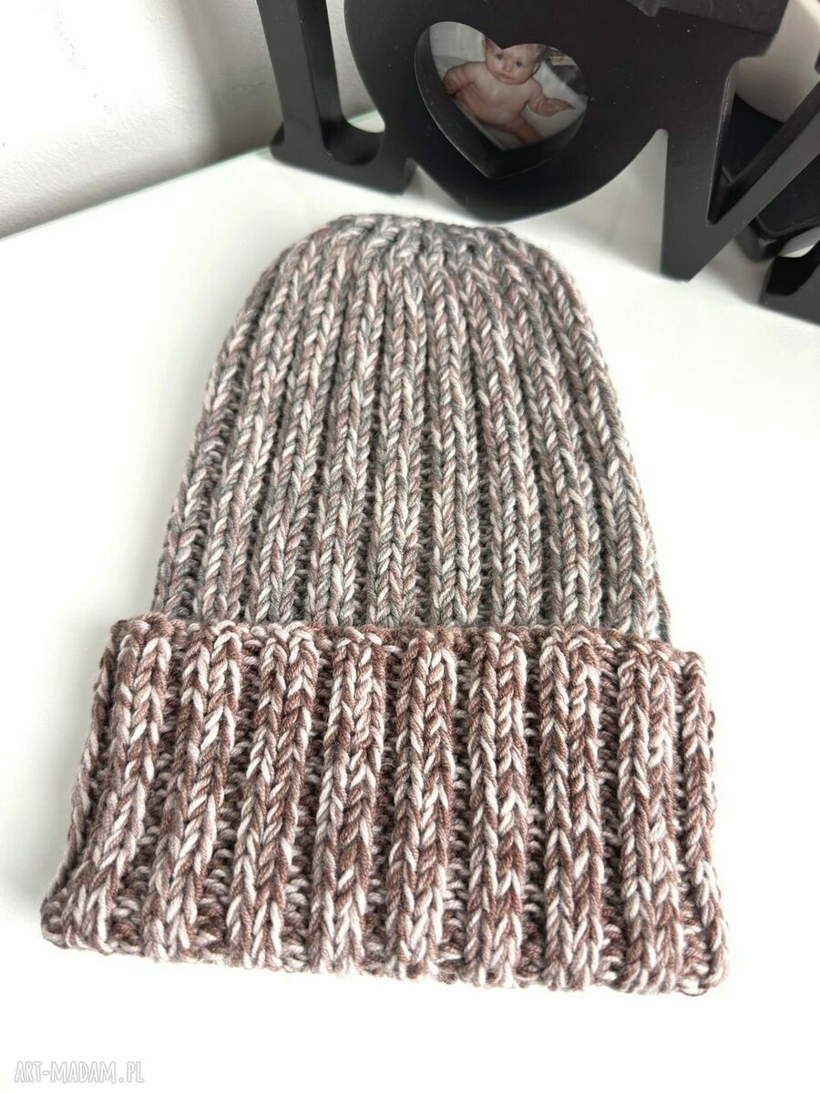 Wywijana czapka merino HELLI BIG 100% Baby Merino - brąz i szarość, ręcznie robiona (zero waste)