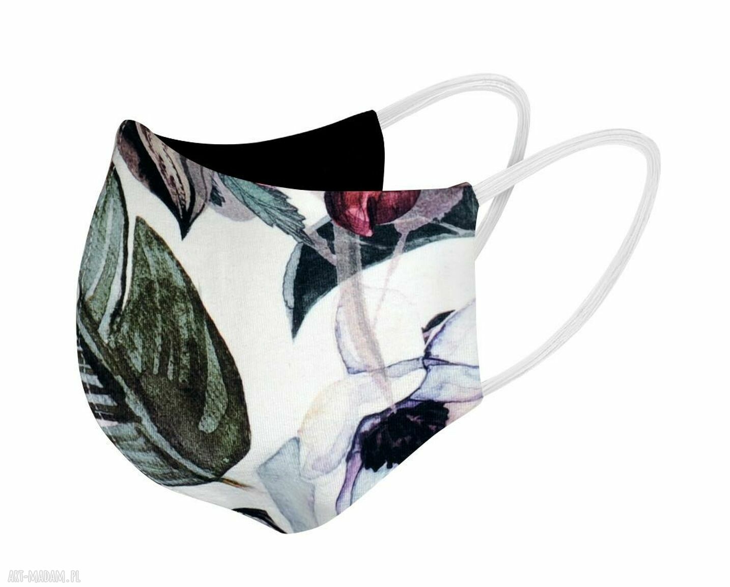 Maseczka baweŁniana twarz profilowana biaŁa liŚcie kwiaty