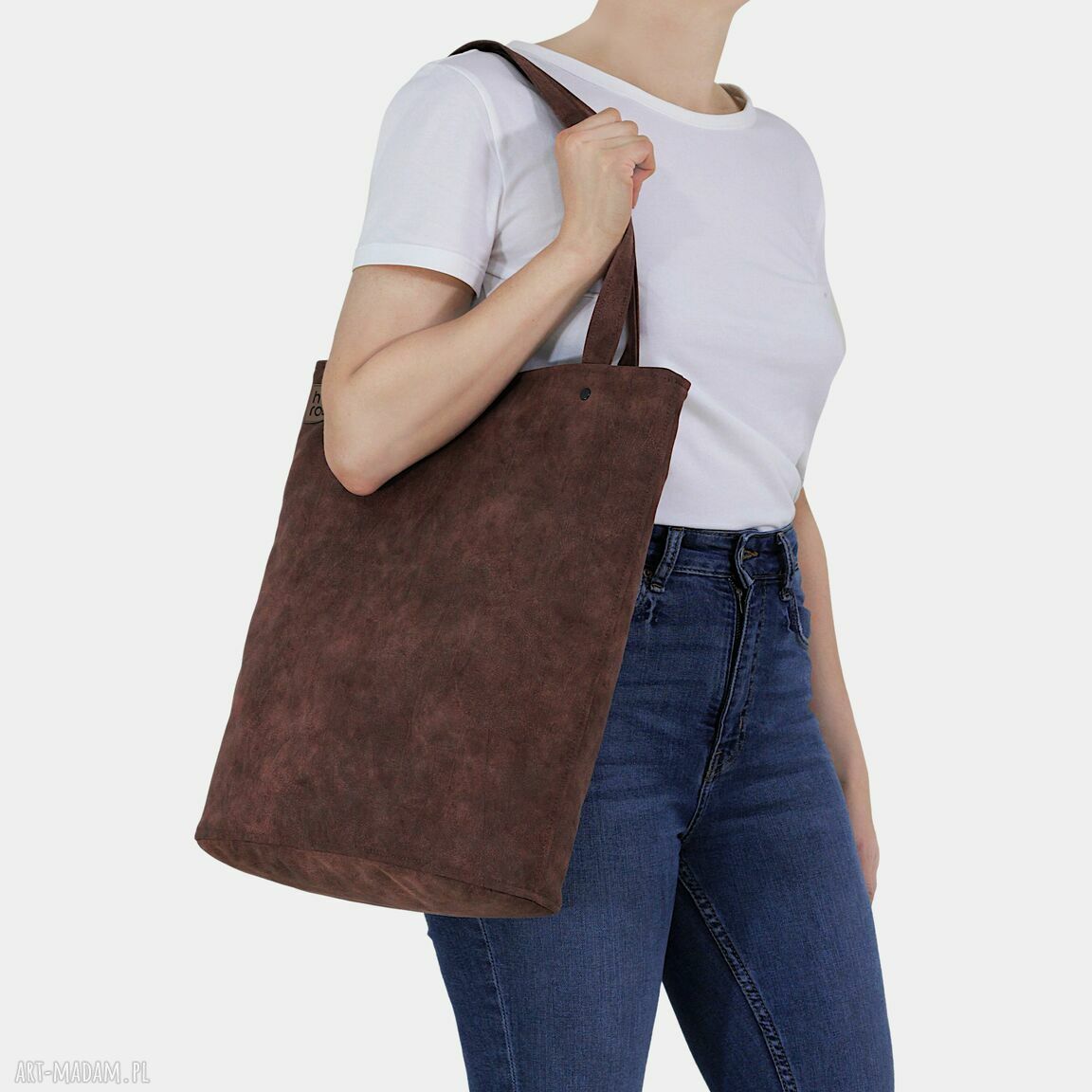 Shopper XL kasztanowa na zamek - vegan, mieści A4