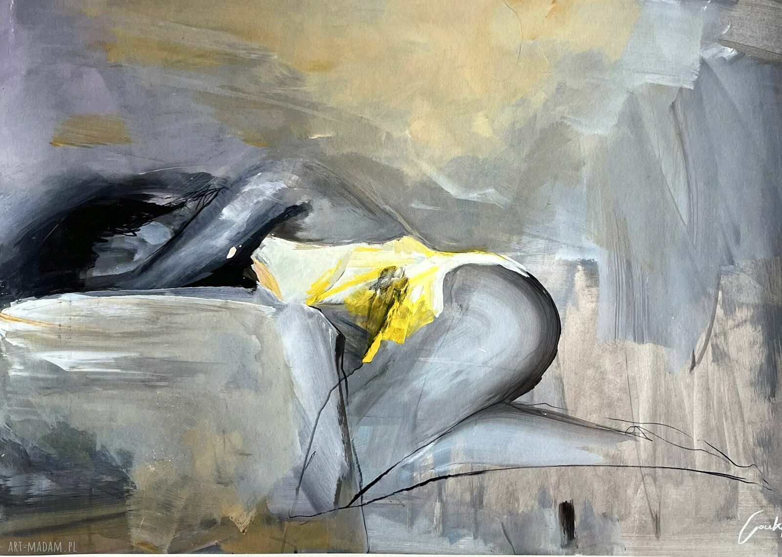 Yellow - 100x70: duży obraz kobiety do salonu i sypialni inkografia na papierze archiwalnym