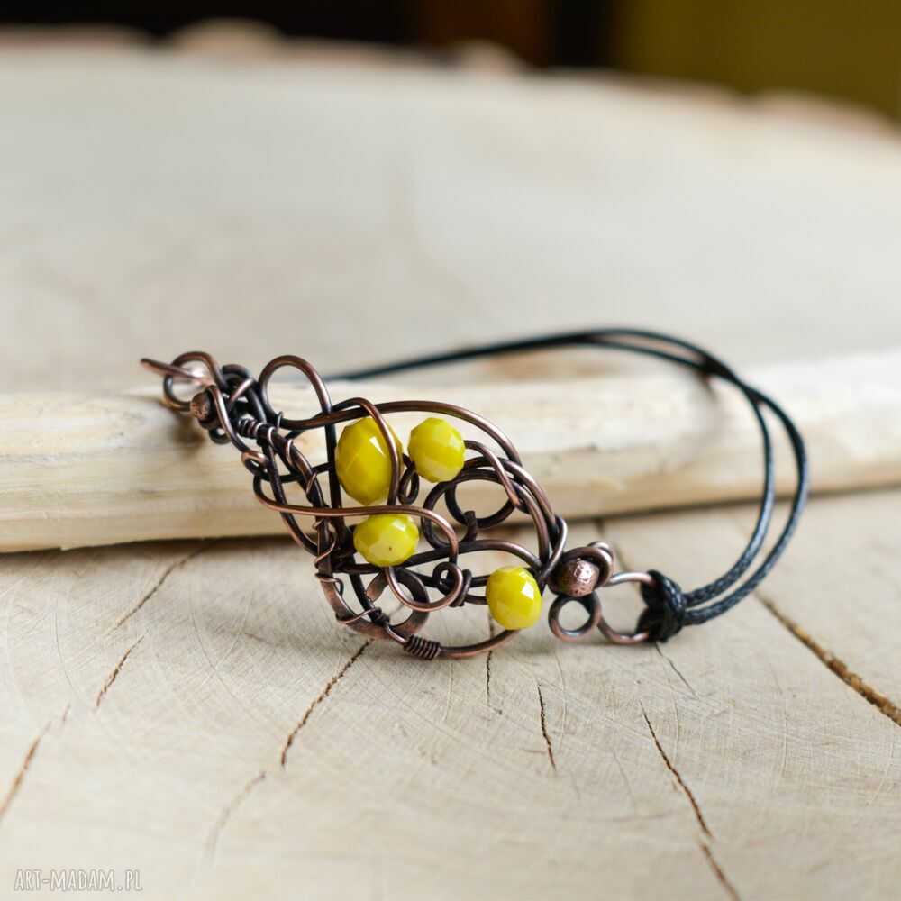 Żółta bransoletka z miedzi i szklanych kryształków - ręczne wire wrapping