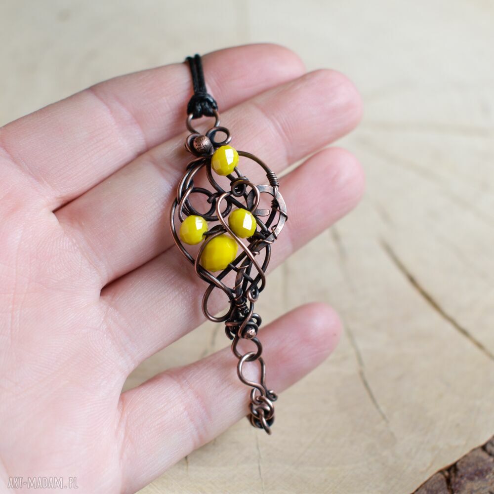 Żółta bransoletka z miedzi i szklanych kryształków - ręczne wire wrapping
