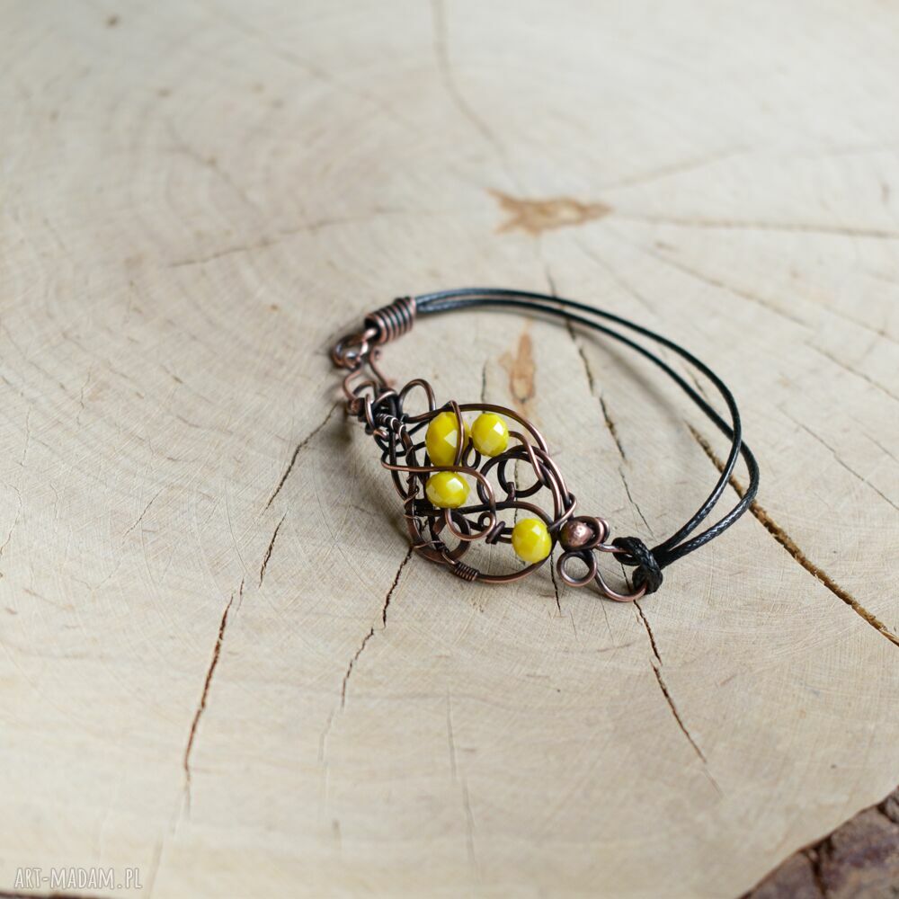 Żółta bransoletka z miedzi i szklanych kryształków - ręczne wire wrapping