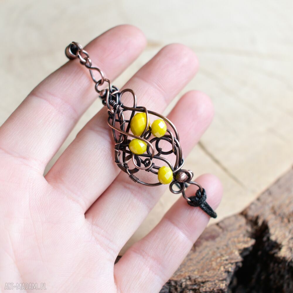 Żółta bransoletka z miedzi i szklanych kryształków - ręczne wire wrapping