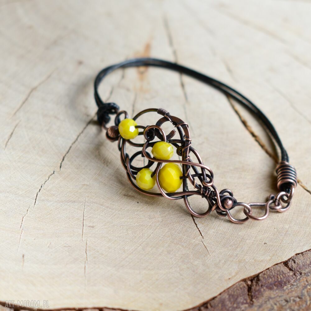 Żółta bransoletka z miedzi i szklanych kryształków - ręczne wire wrapping
