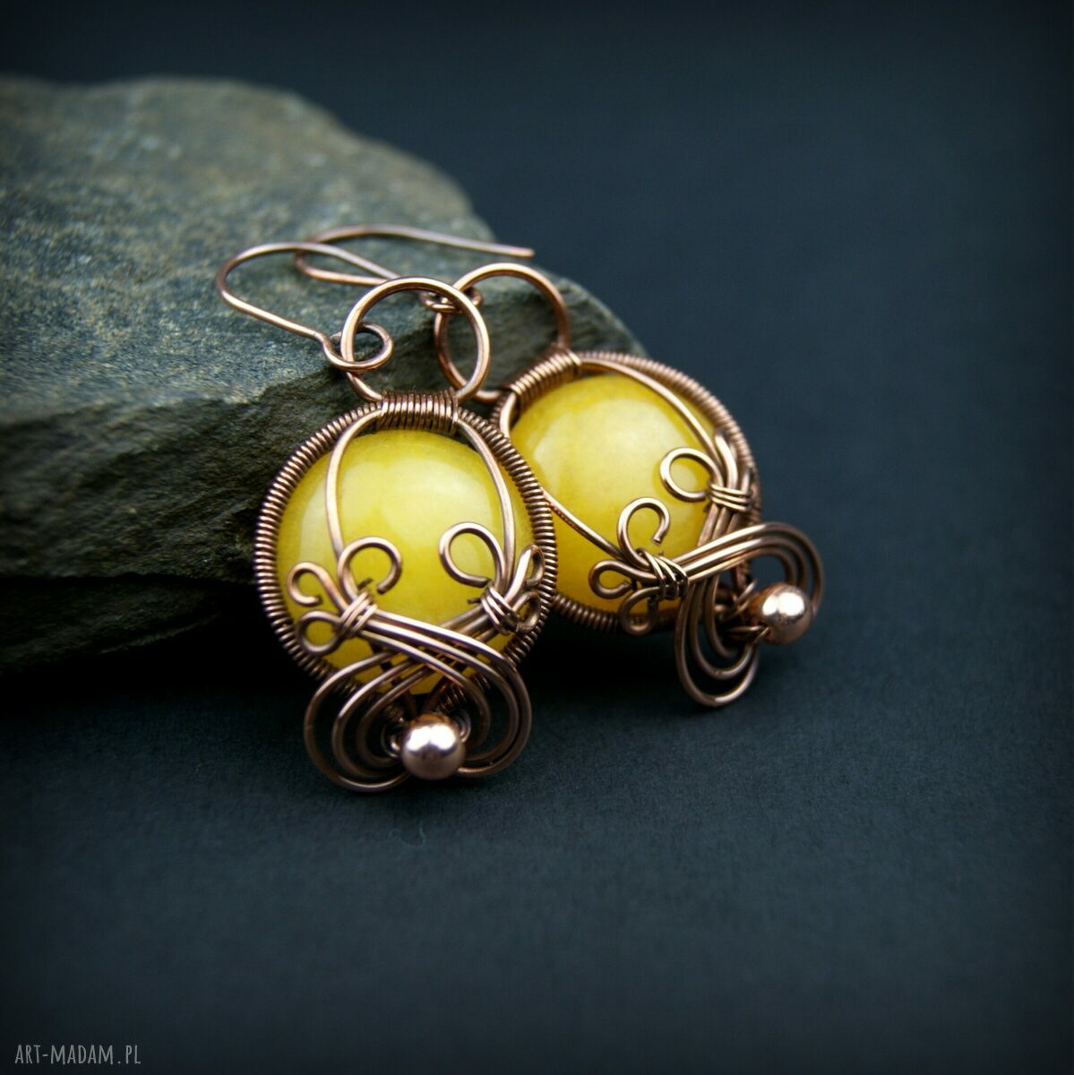 Kolczyki z agatem, hematytem i miedzią - ręczne wire wrapping