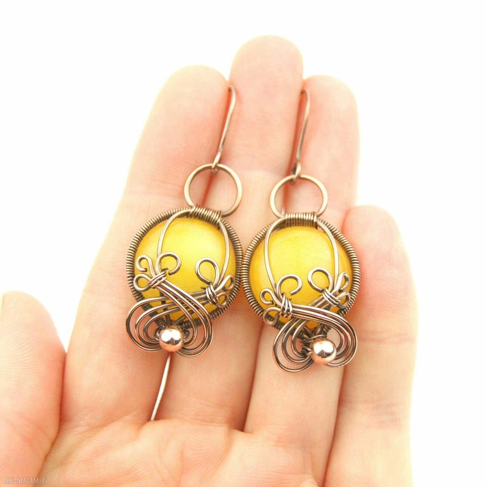 Kolczyki z agatem, hematytem i miedzią - ręczne wire wrapping