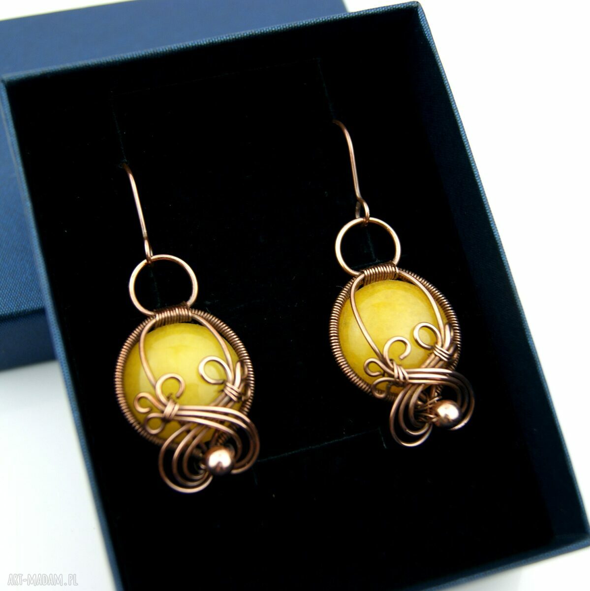 Kolczyki z agatem, hematytem i miedzią - ręczne wire wrapping