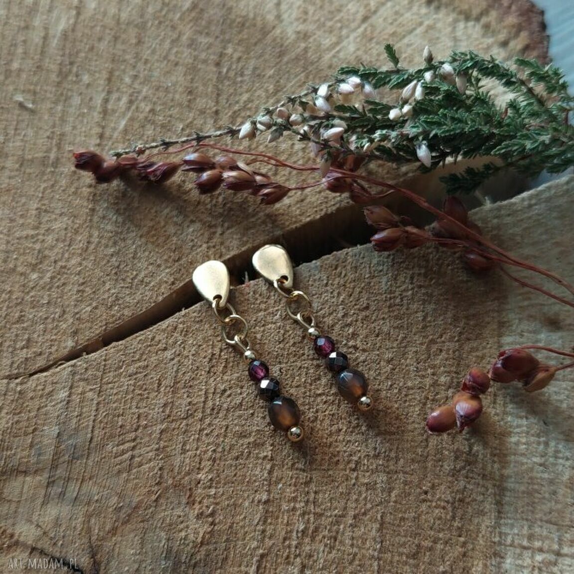 Kolczyki z agatem, granatem i hematytem - eleganckie, handmade