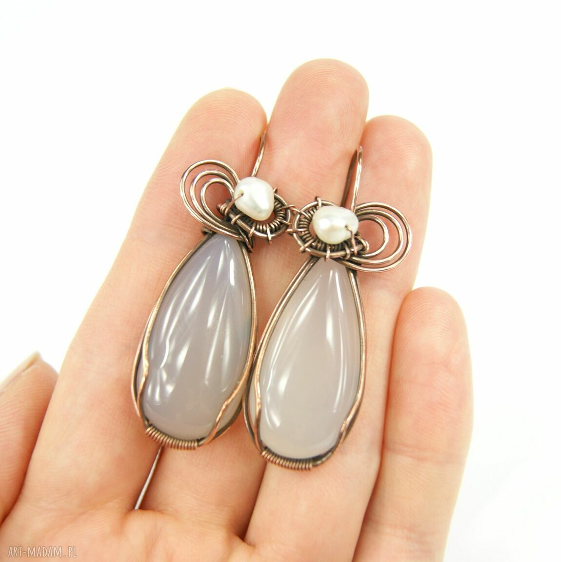 Kolczyki z agatem i perłą - wire wrapping miedź