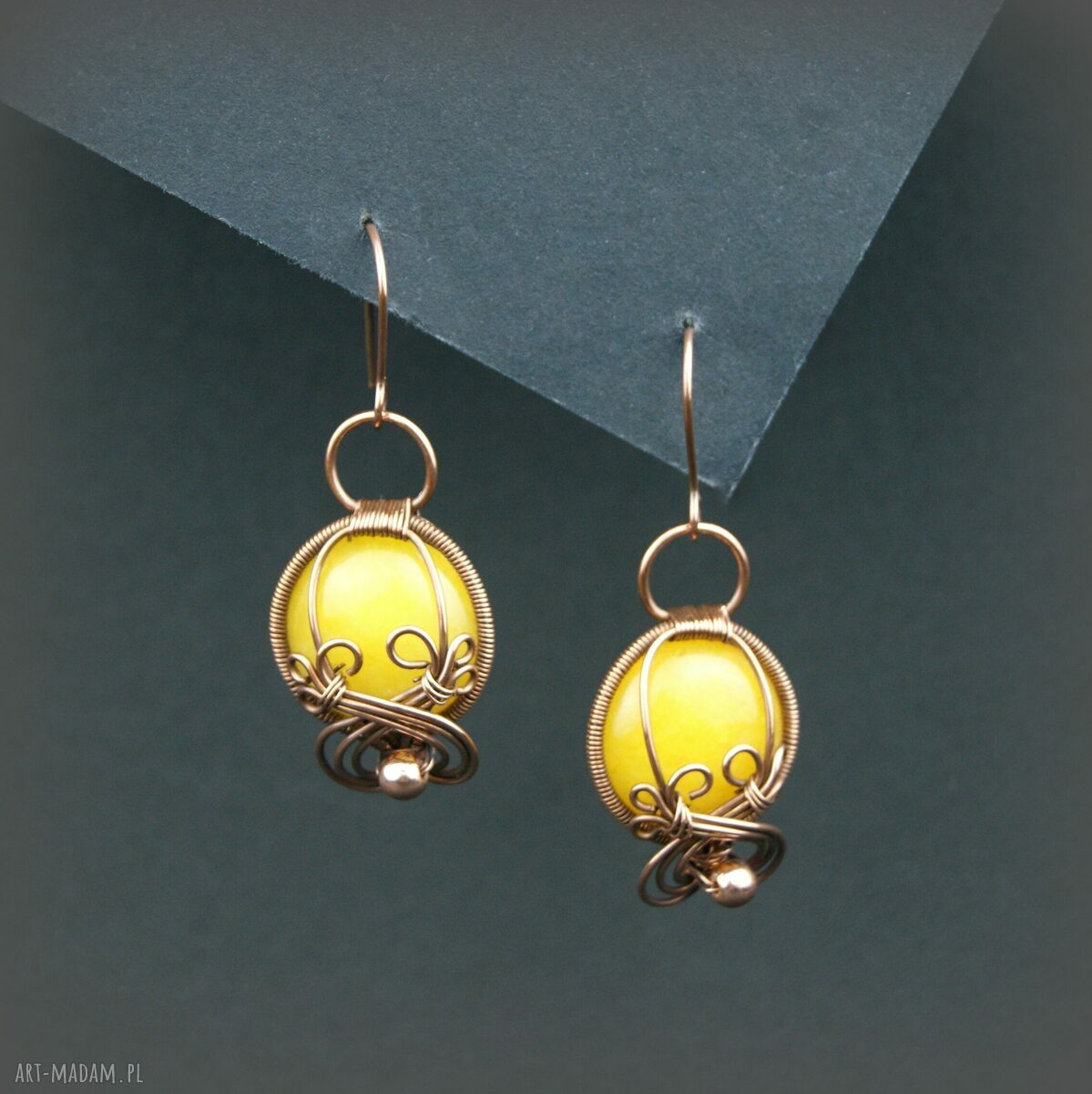 Kolczyki z agatem, hematytem i miedzią - ręczne wire wrapping