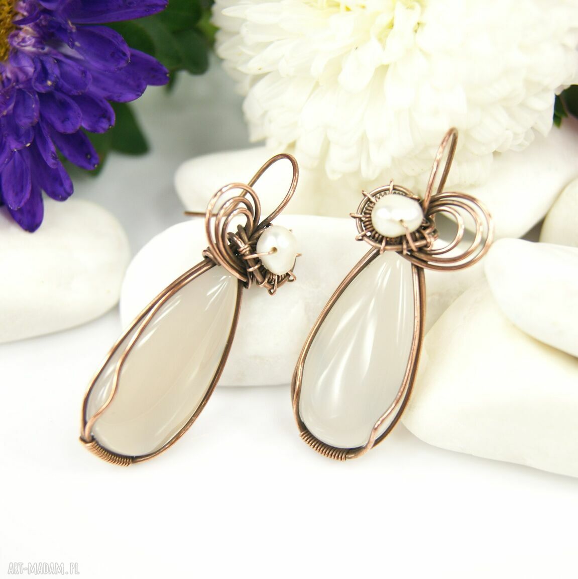 Kolczyki z agatem i perłą - wire wrapping miedź