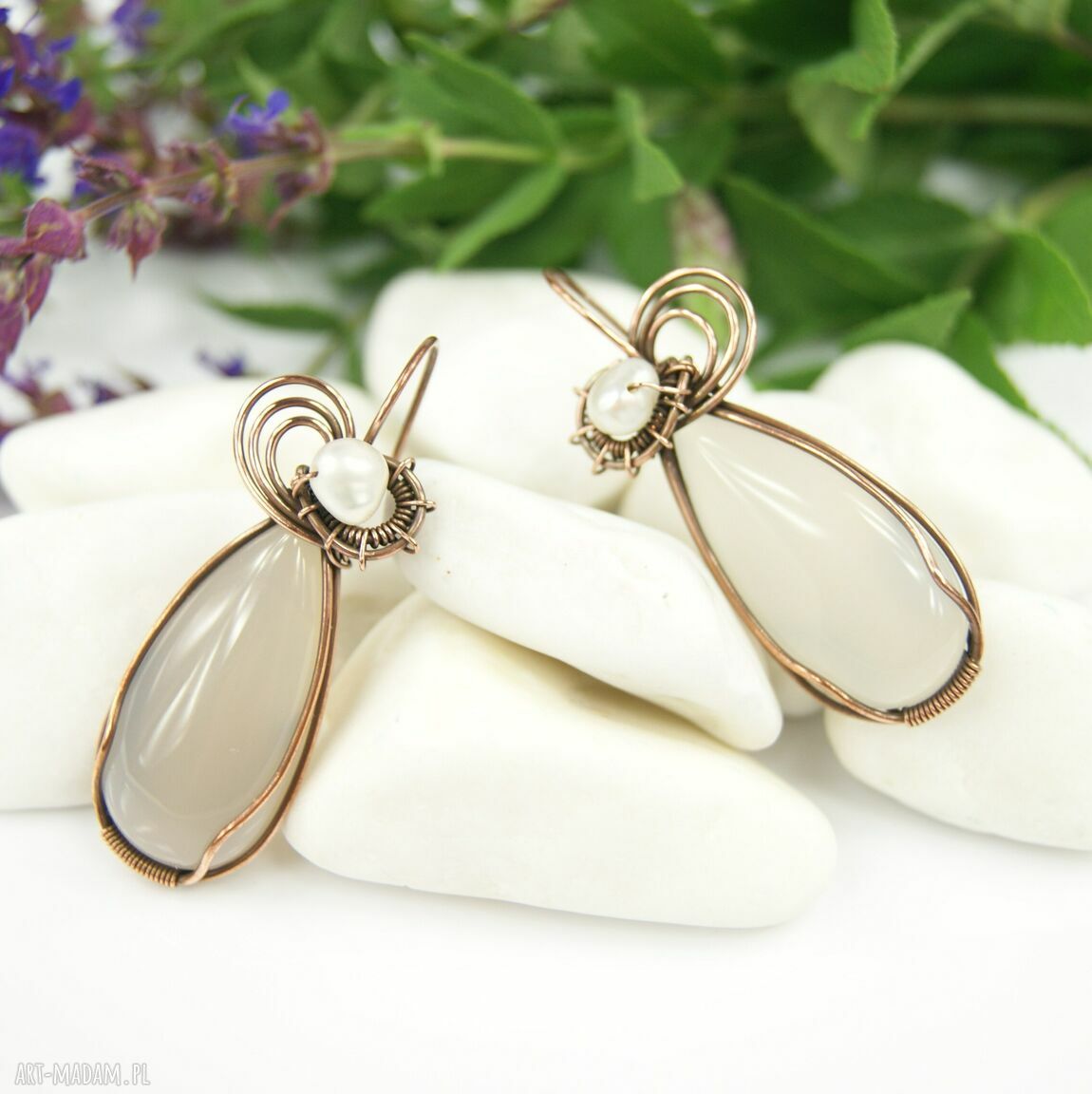 Kolczyki z agatem i perłą - wire wrapping miedź