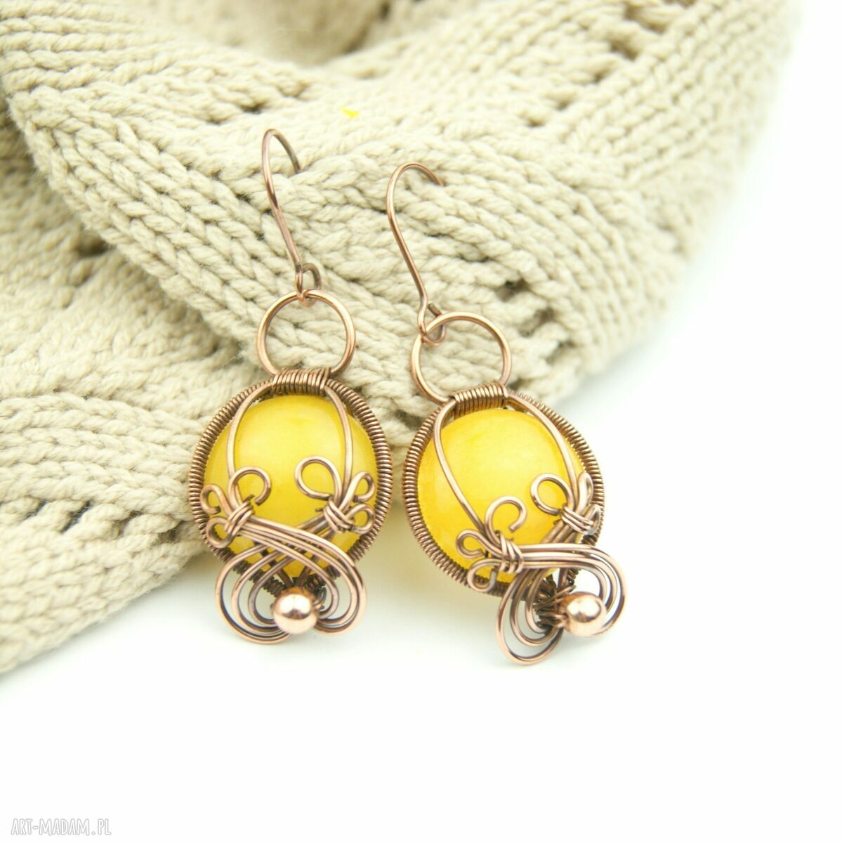 Kolczyki z agatem, hematytem i miedzią - ręczne wire wrapping