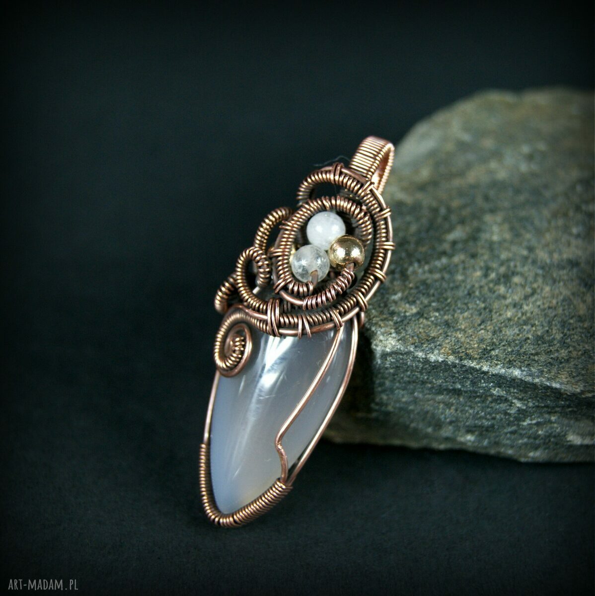 Wisiorek z agatem i różowym kwarcem - ręcznie robiony wire wrapping