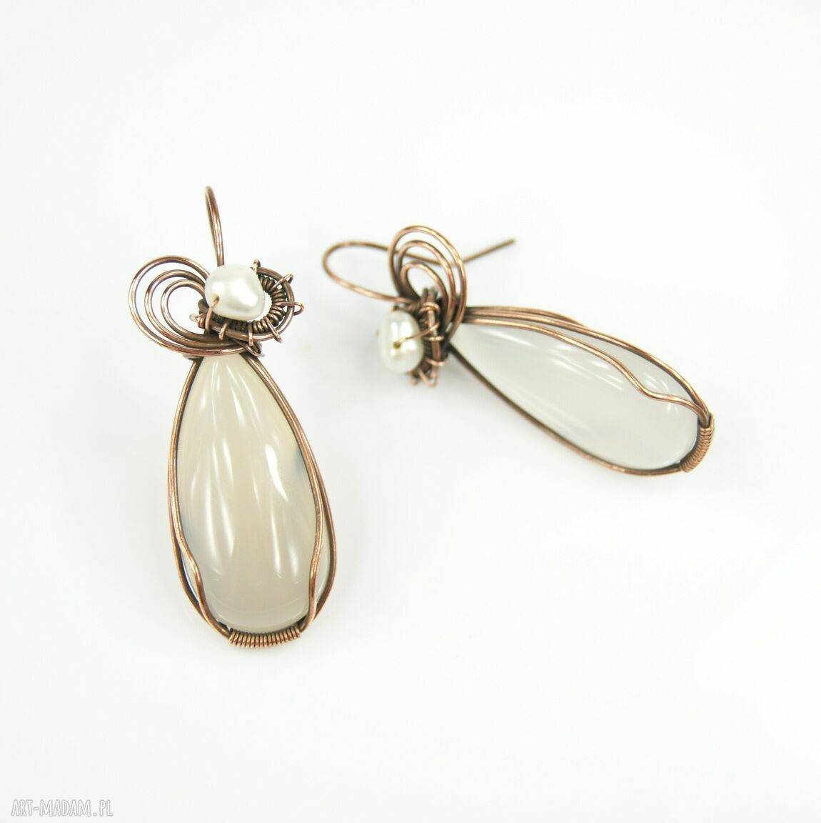 Kolczyki z agatem i perłą - wire wrapping miedź