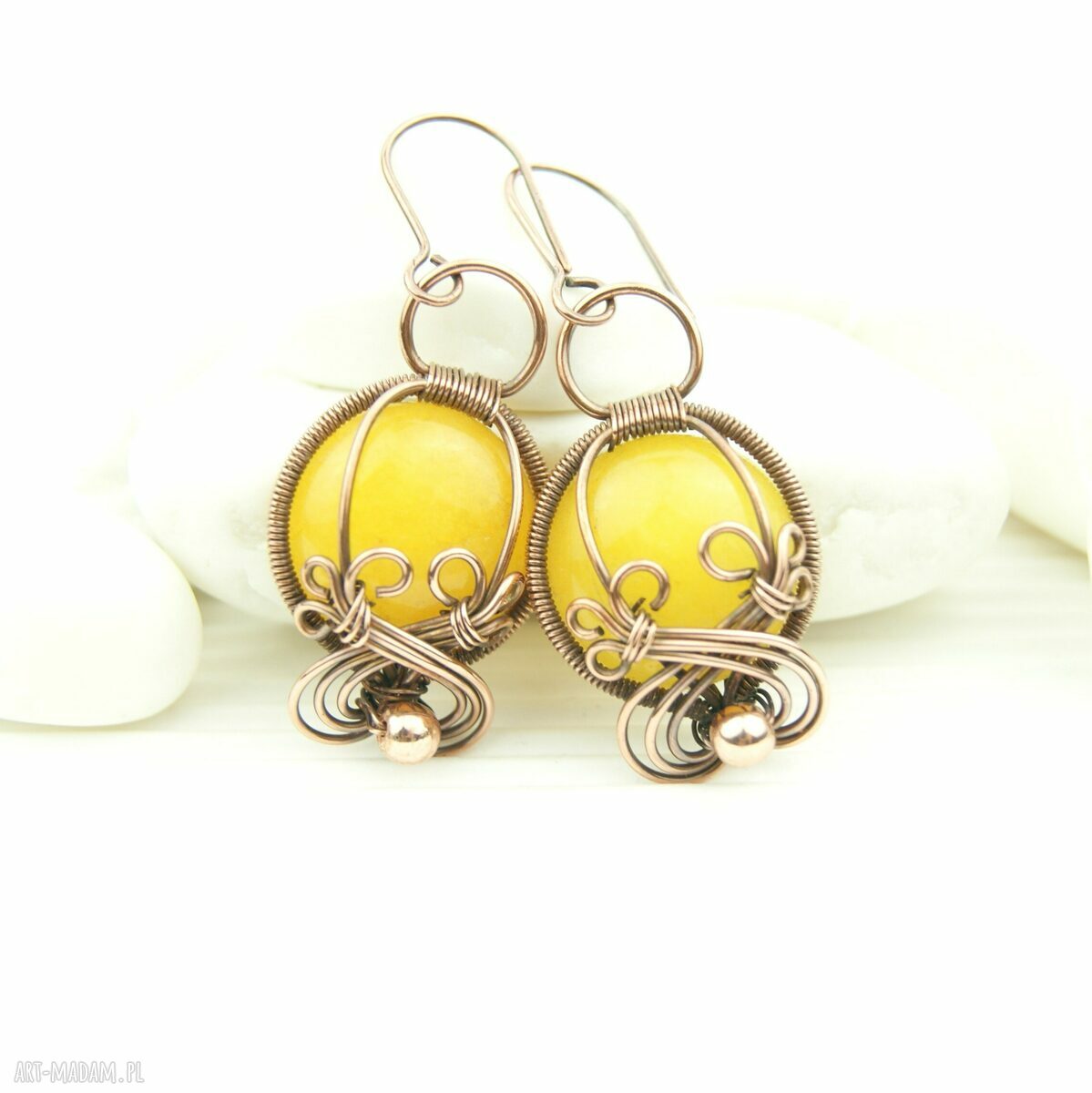 Kolczyki z agatem, hematytem i miedzią - ręczne wire wrapping