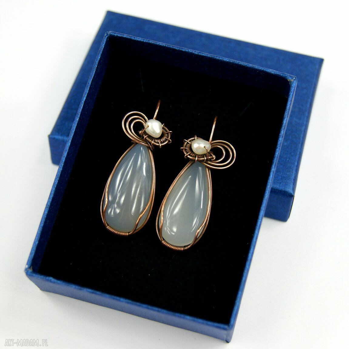 Kolczyki z agatem i perłą - wire wrapping miedź
