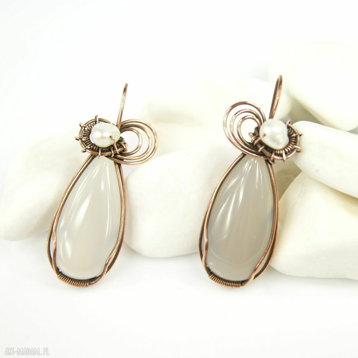Kolczyki z agatem i perłą - wire wrapping miedź